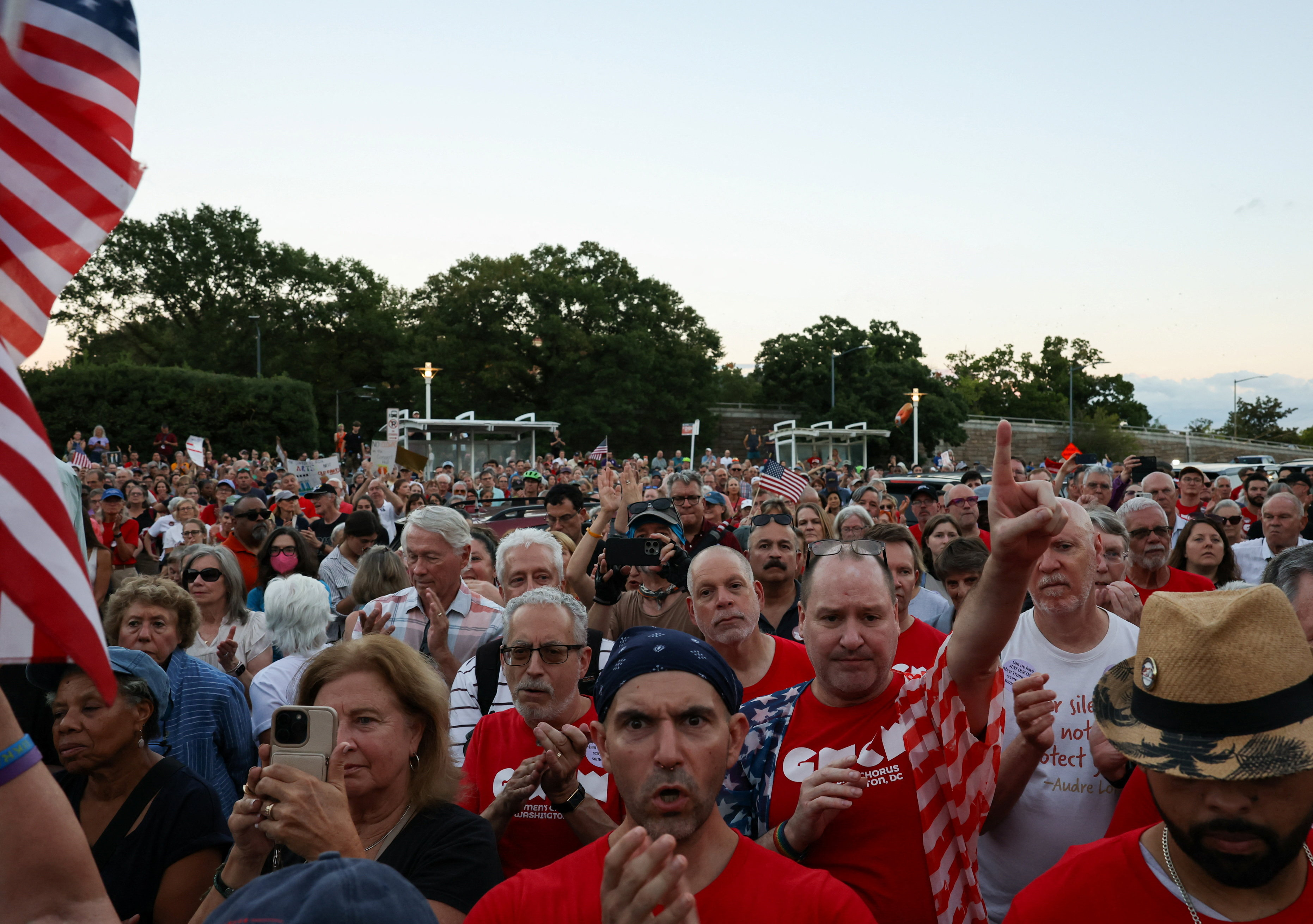 People attend a protest to denounce the Kennedy Center board's vote to close one of the nation's premier performing arts venues, outside the John F. Kennedy Memorial Center for the Performing Arts in Washington, D.C., US, September 18, 2026. REUTERS/Leah Millis