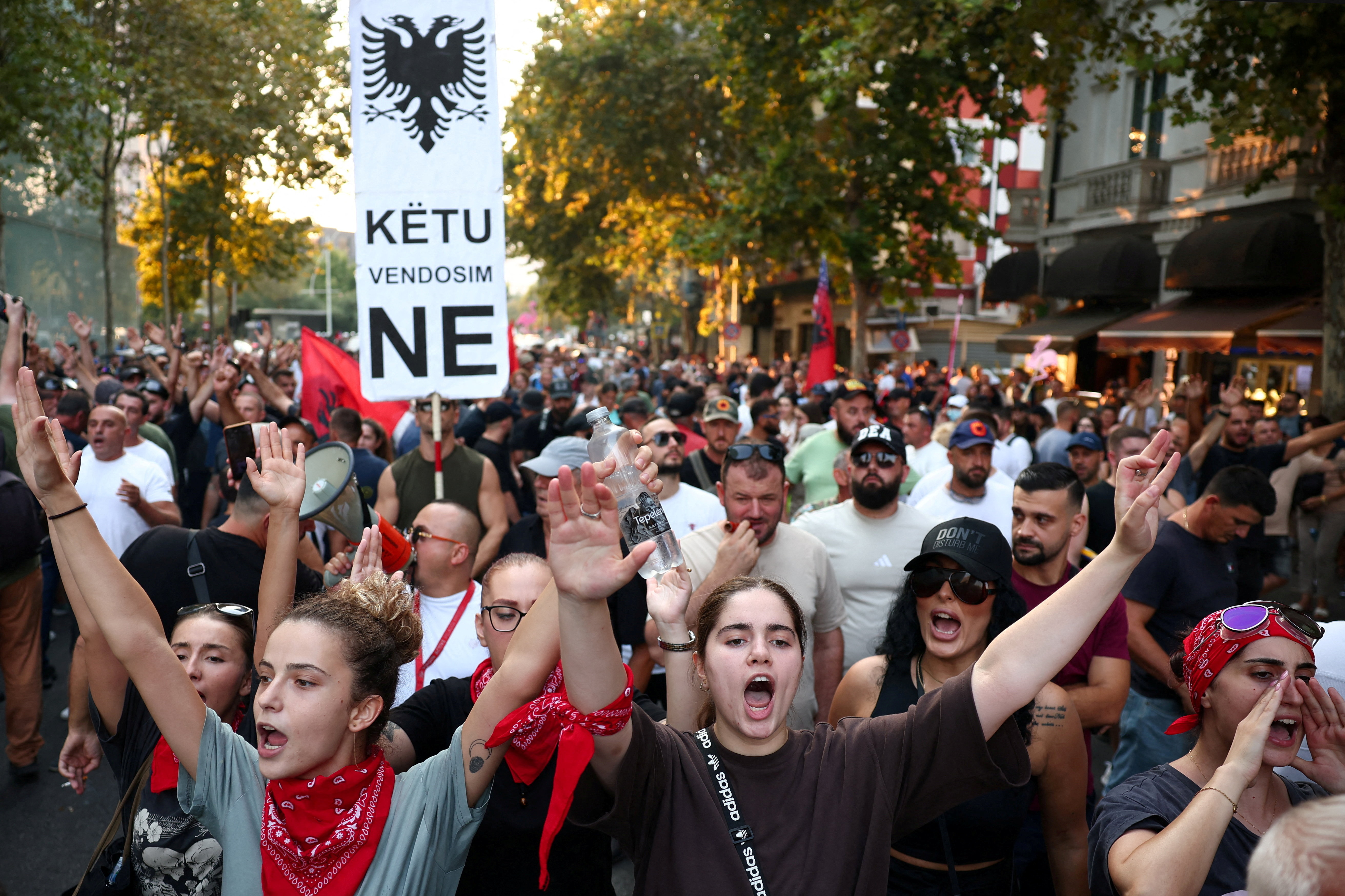 Protesters shout slogans during a demonstration against the government, following months of protests against a planned luxury resort backed by a company linked to Jared Kushner, the son-in-law of US President Donald Trump, on an environmentally sensitive part of the Adriatic coast, in Tirana on September 8, 2026