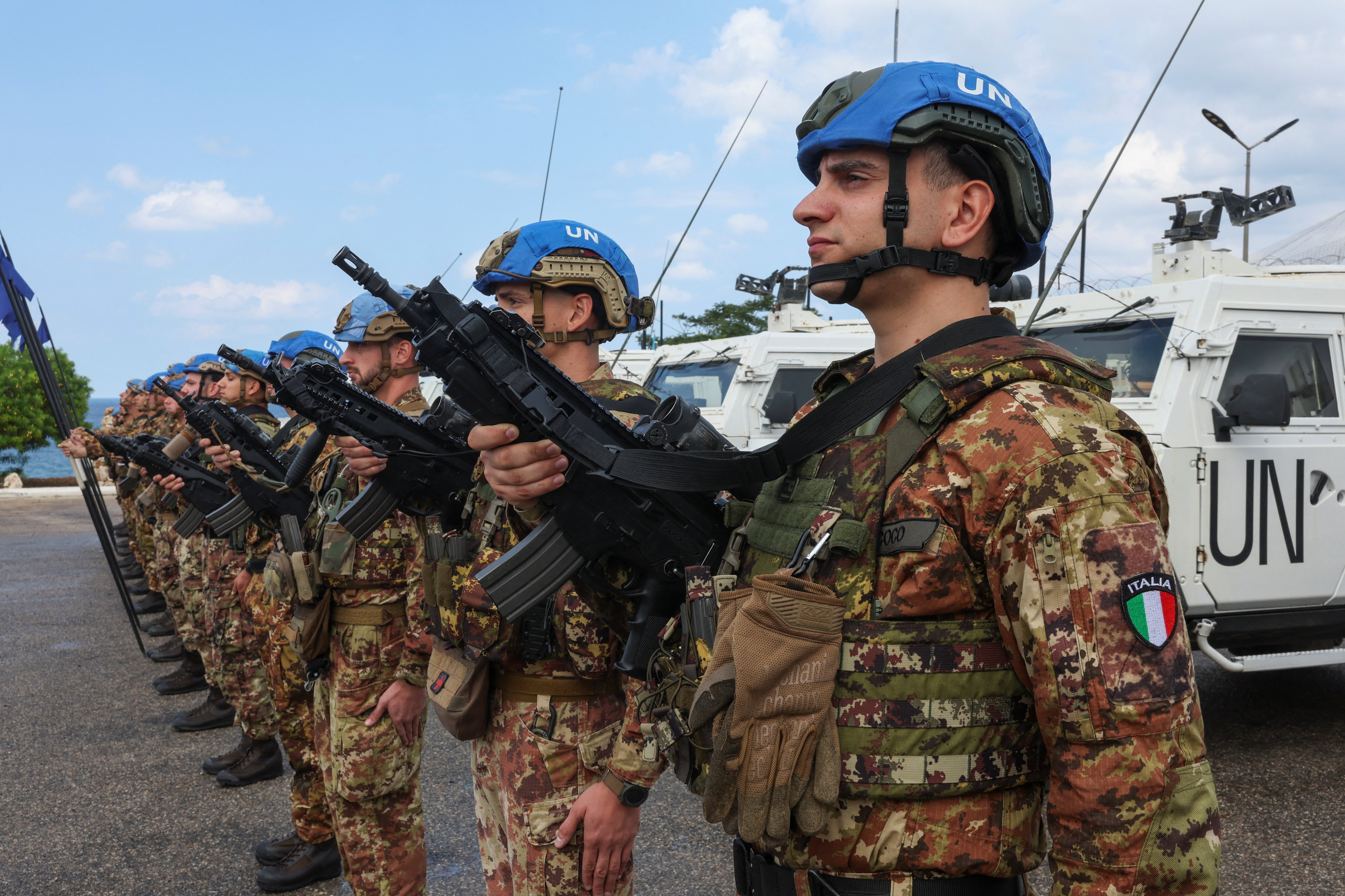 United Nations Interim Force in Lebanon (UNIFIL) troops stand in formation at the UNIFIL base, near Mansouri, Southern Lebanon