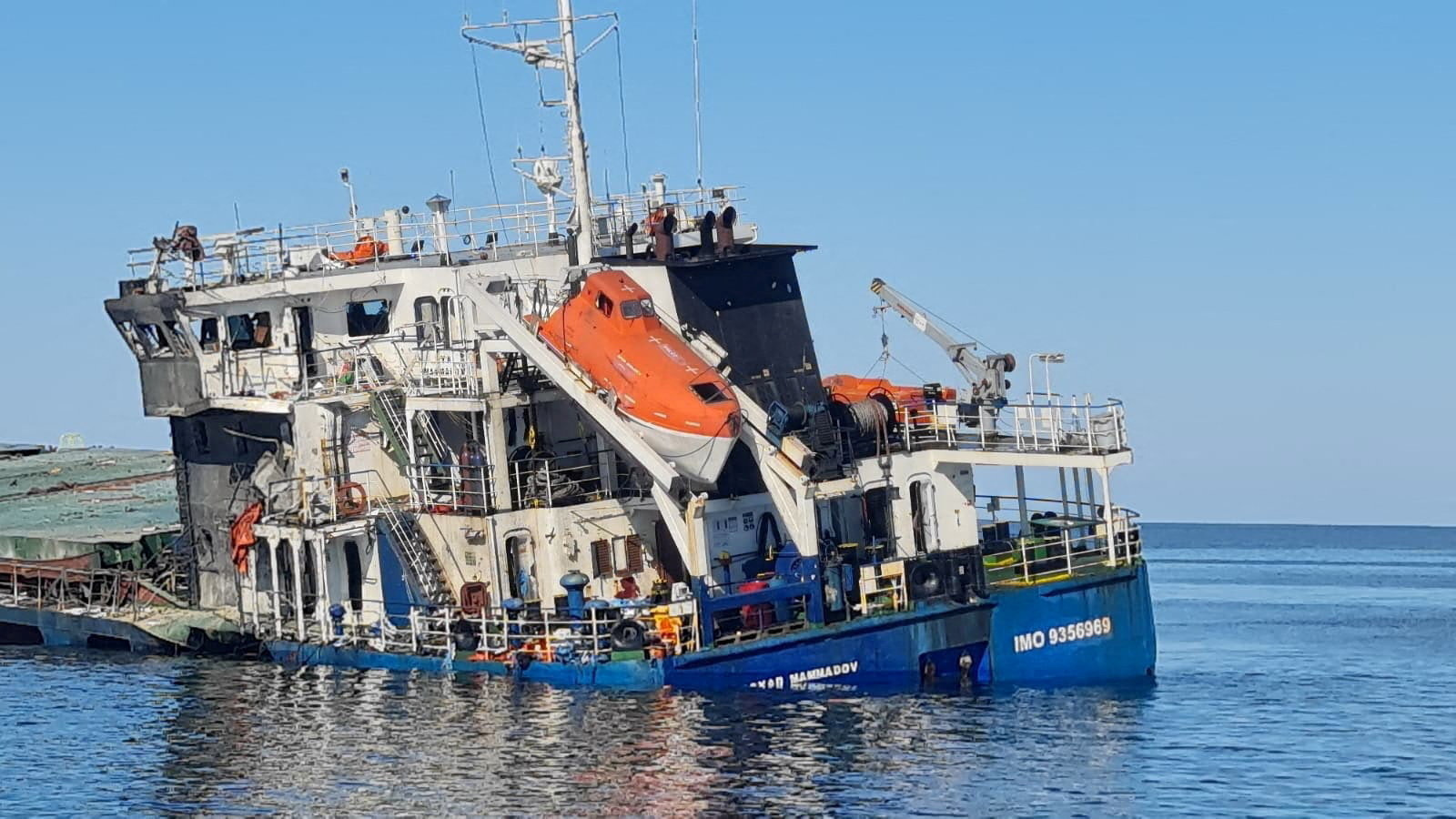 The fire-damaged “Royad Mammadov” ship in the Black Sea after a fire aboard the vessel outside Romania’s territorial waters left two people dead on October 5 2026 [Reuters]