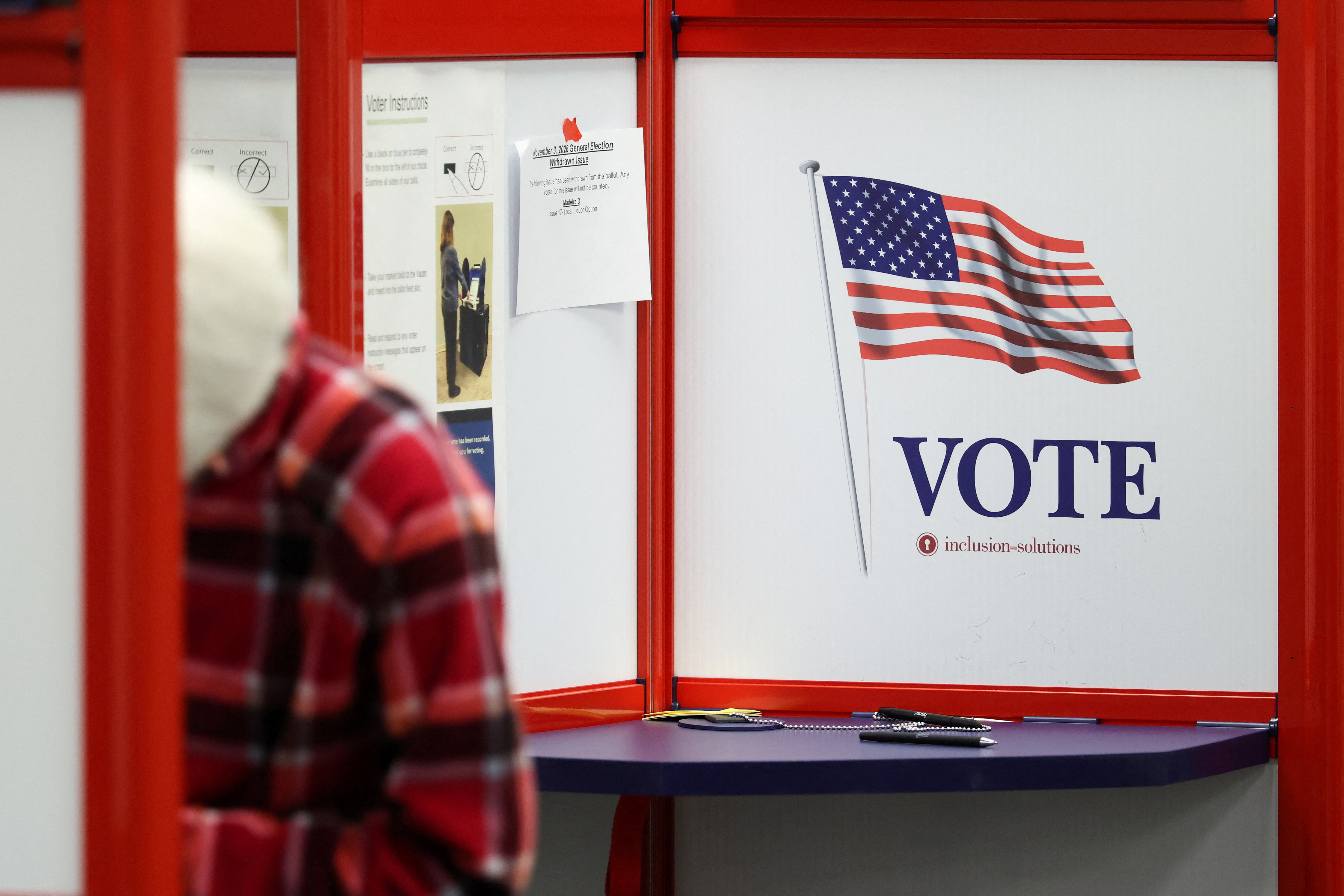 NORWOOD, OHIO - OCTOBER 09: A person votes during early voting at the Hamilton County Board of Elections on October 09, 2026 in Norwood, Ohio. U.S. Vice President JD Vance traveled to Ohio to cast his early ballot and campaign for local Republican candidates ahead of the midterm elections. Samuel Corum/Pool via REUTERS