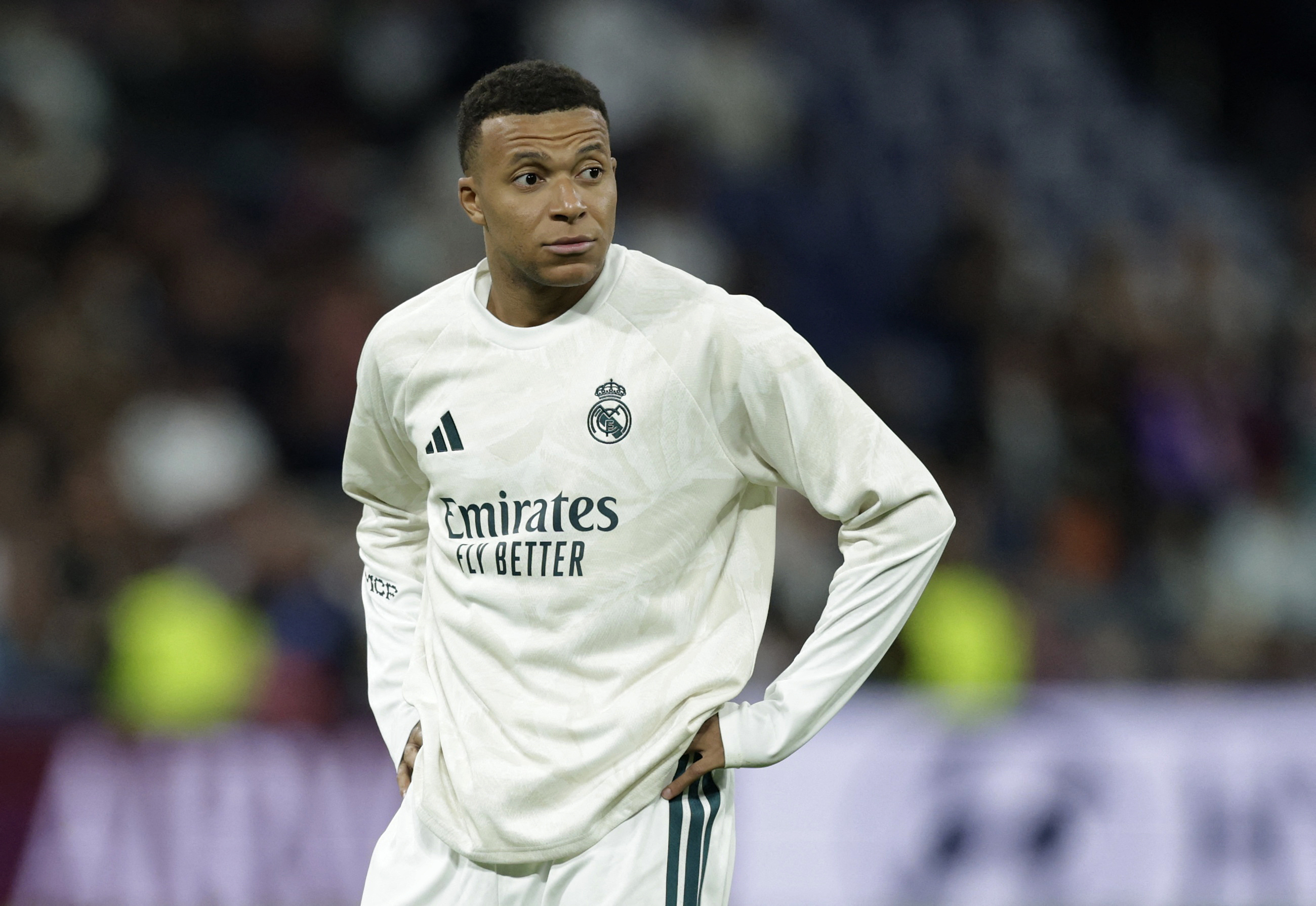 Real Madrid's Kylian Mbappe during the warm up before the match