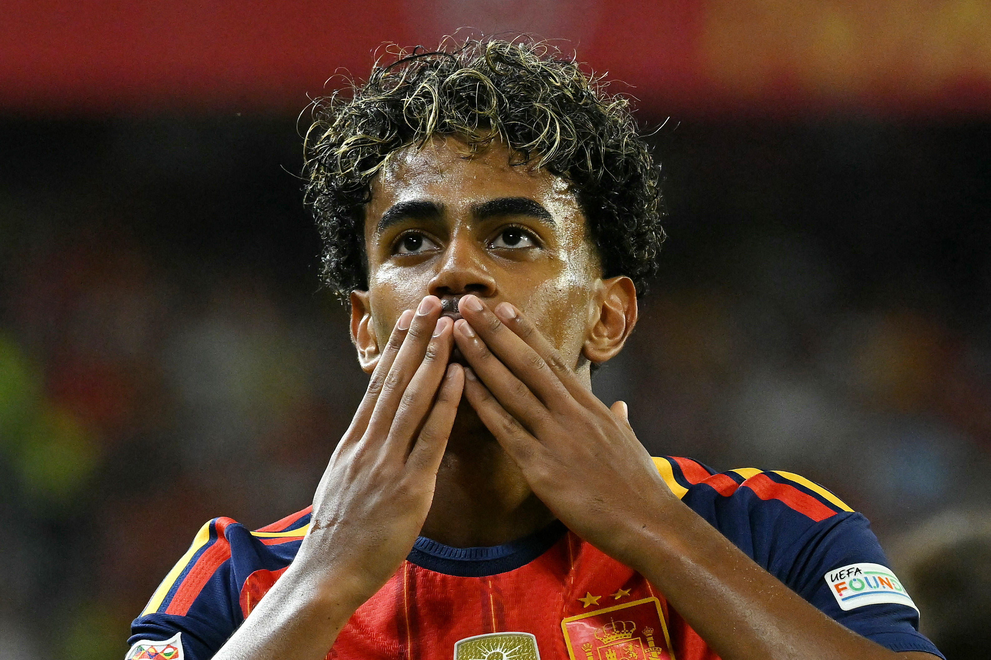 Spain's forward #19 Lamine Yamal celebrates scoring his team's third goal during the UEFA Nations League league phase group A3 football match between Spain and Croatia at Ramon Sanchez Pizjuan Stadium in Seville on September 29, 2026. (Photo by JORGE GUERRERO / AFP)