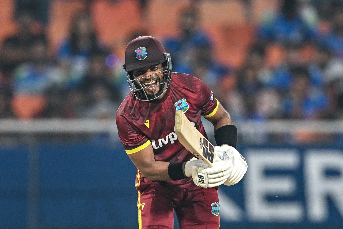 West Indies captain Shai Hope reacts after playing a shot during the third one-day international against India