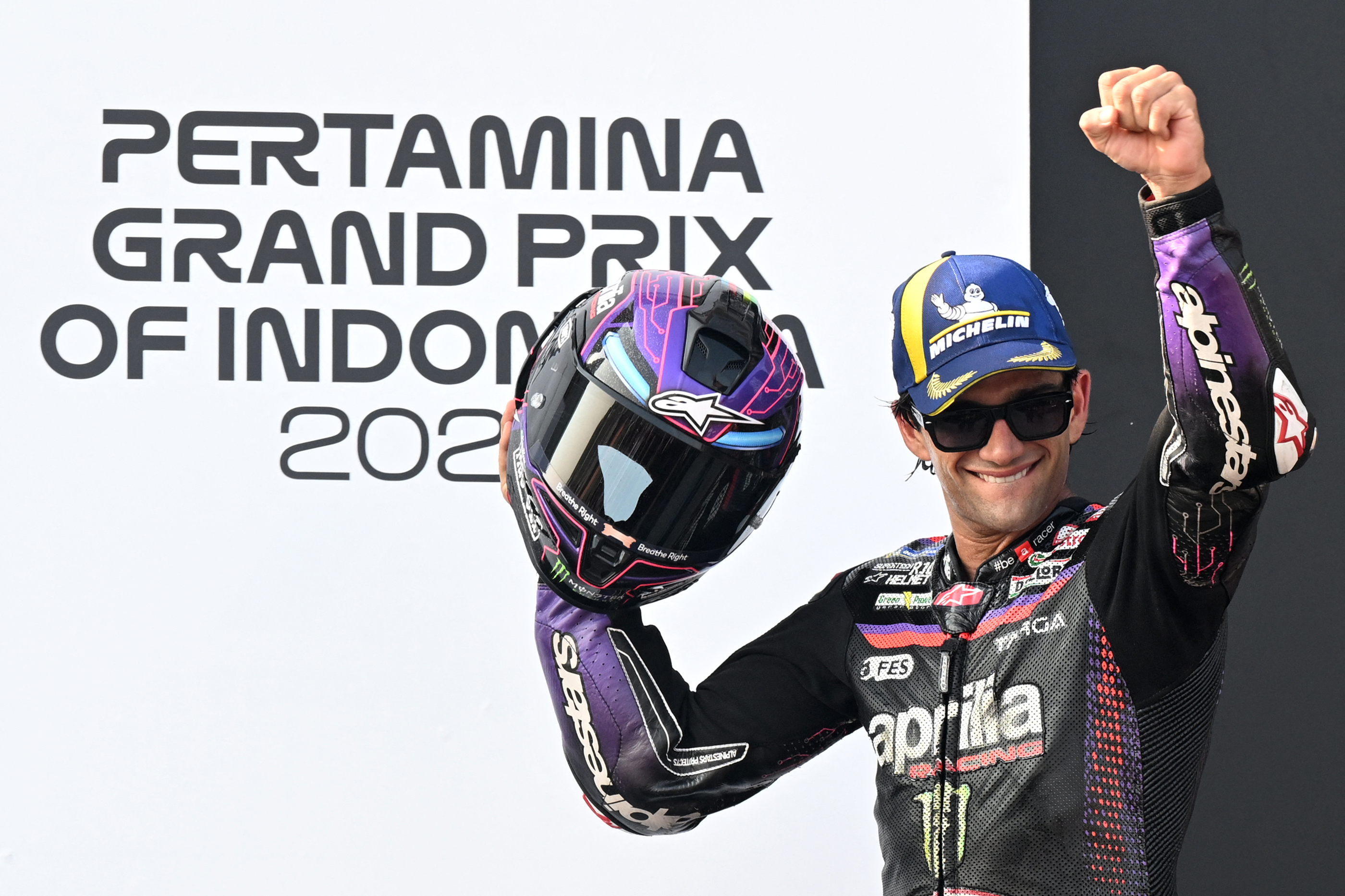 Aprilia Racing's Spanish rider Jorge Martin gestures after finishing third in the MotoGP Indonesian Grand Prix at the Mandalika International Circuit in Mandalika on October 11, 2026. (Photo by SONNY TUMBELAKA / AFP)