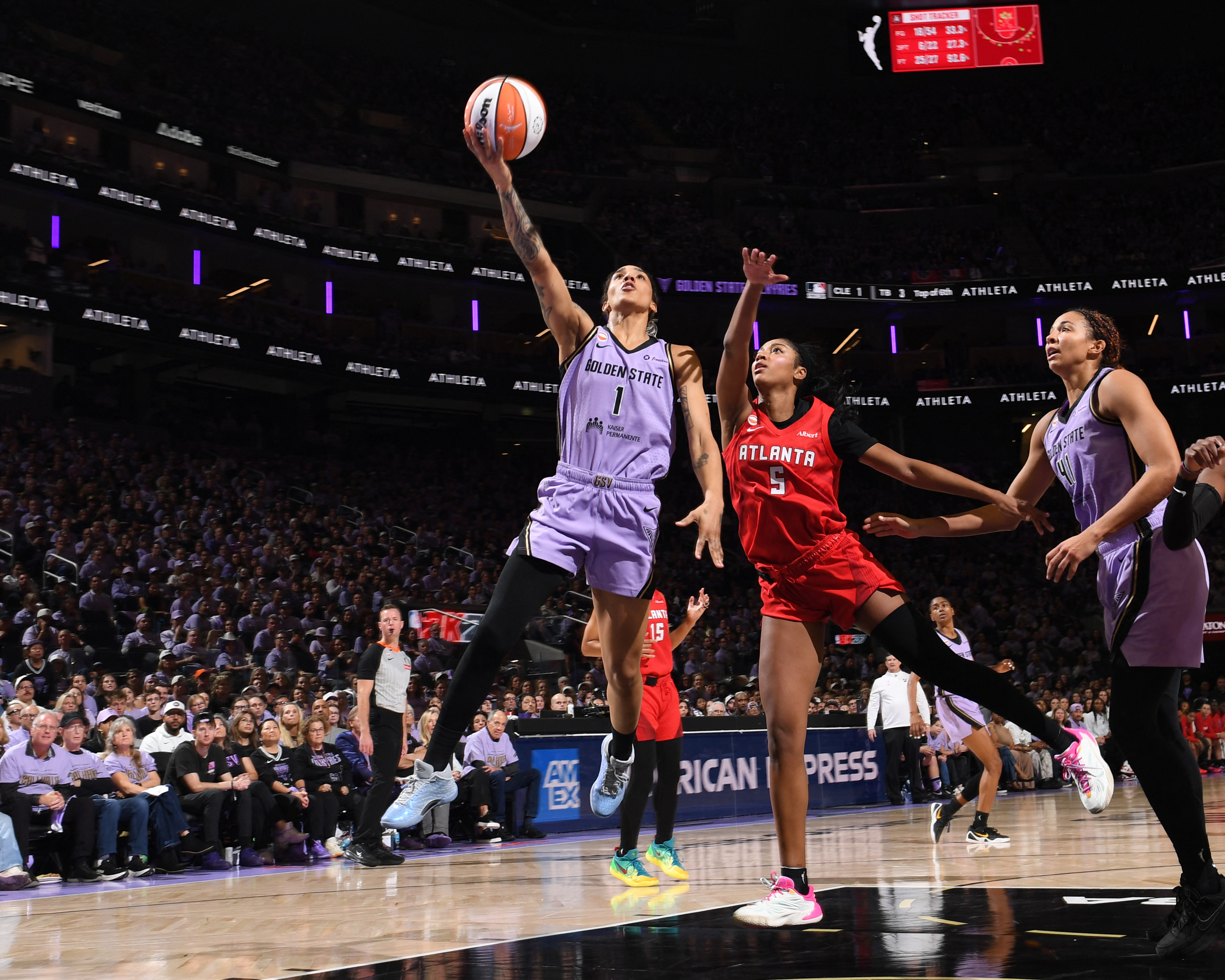 SAN FRANCISCO, CA - OCTOBER 19: Gabby Williams #1 of the Golden State Valkyries drives to the basket during the game against the Atlanta Dream during Game Two of the 2026 WNBA Finals on October 19, 2026 at Chase Center in San Francisco, California. NOTE TO USER: User expressly acknowledges and agrees that, by downloading and or using this photograph, user is consenting to the terms and conditions of Getty Images License Agreement. Mandatory Copyright Notice: Copyright 2026 NBAE Noah Graham/NBAE via Getty Images/AFP (Photo by Noah Graham / NBAE / Getty Images / Getty Images via AFP)