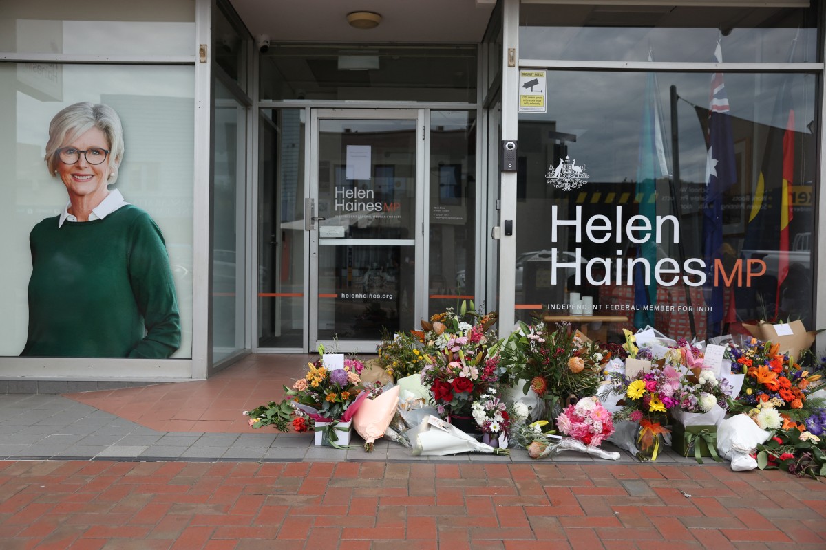 Floral tributes outside the offices of Australian lawmaker Helen Haines