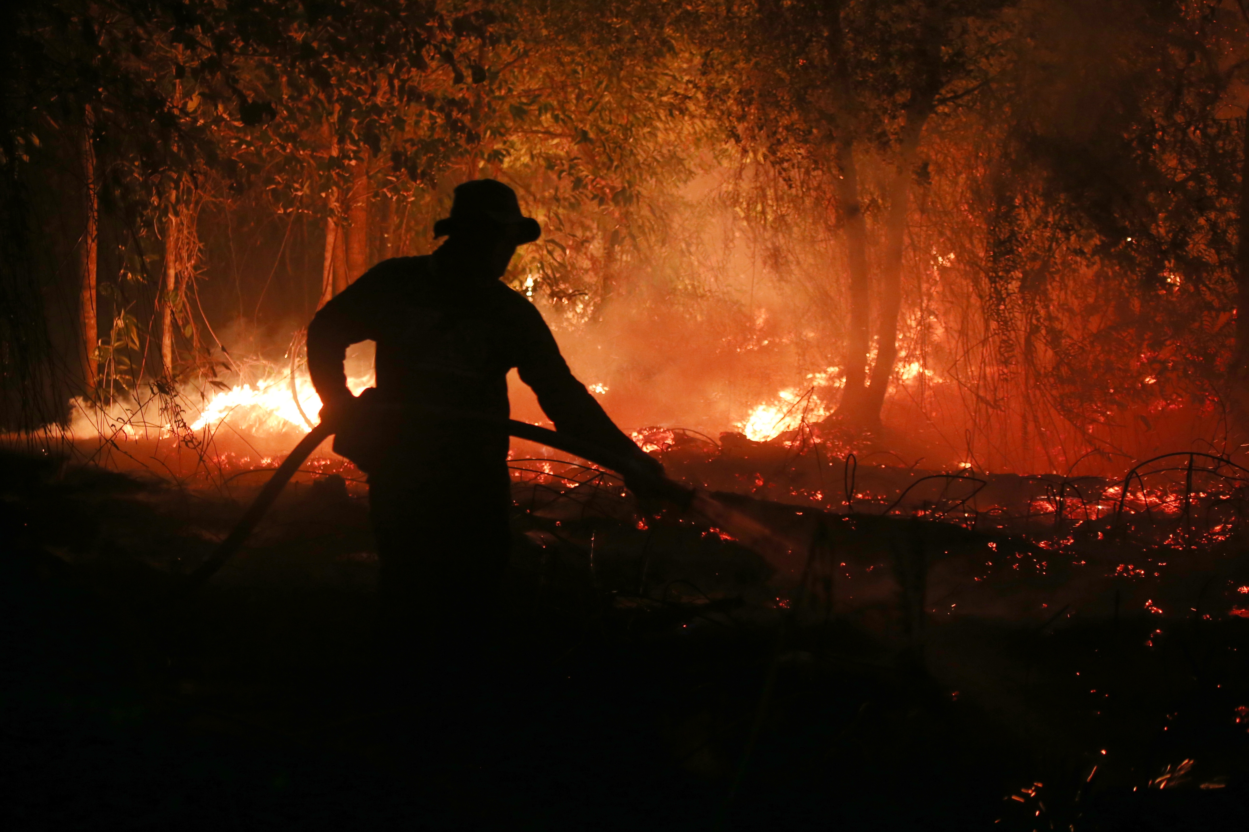 A firefighter sprays water in an attempt to extinguish a wildfire burning through a peatland forest in Pulang Pisau, Central Kalimantan, Indonesia, on September 5, 2026