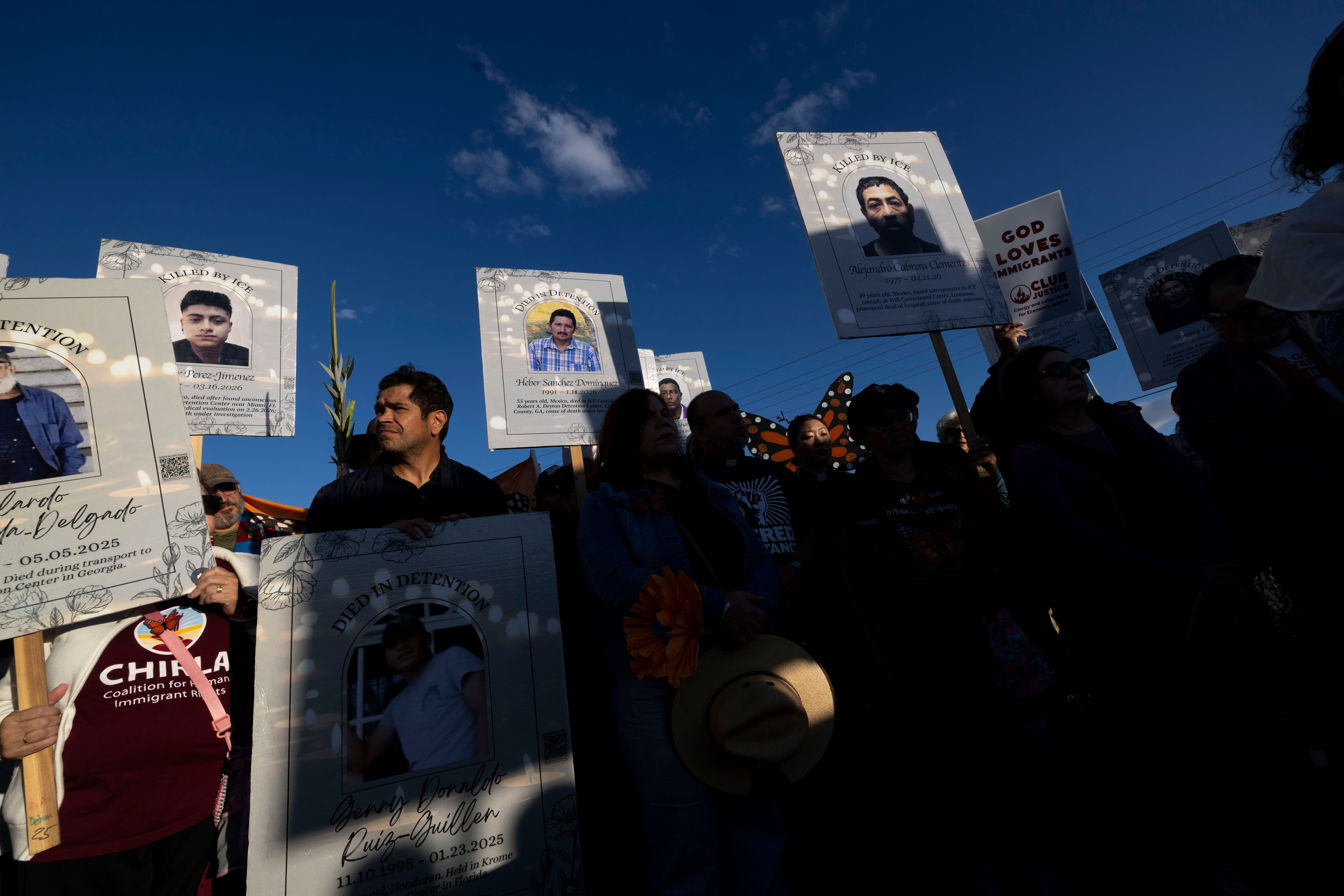 U.S. Rep. Jimmy Gomez, D-Calif., left, joins demonstrators beginning a march from the Adelanto Ice Processing Center in Adelanto, Calif., to the Metropolitan Detention Center Los Angeles, on Tuesday, Sept. 29, 2026, to call for its closure and an end to the inhumane conditions and deaths in detention centers. (AP Photo/Jill Connelly)