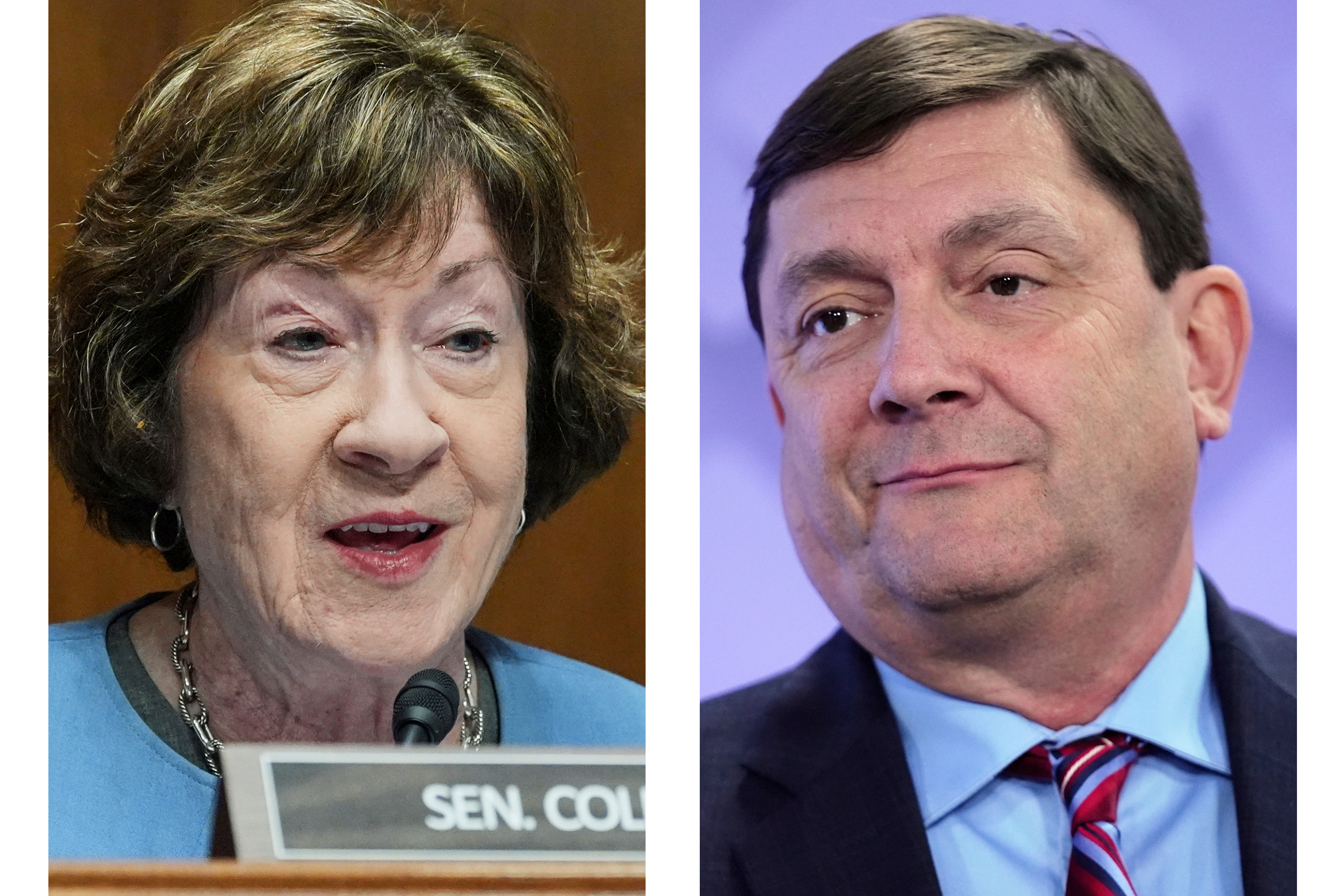 This combination of photos shows Senator Susan Collins, R-Maine, on September 24, 2026, in Washington, left, and her challenger for Maine’s Senate seat, Democratic candidate Troy Jackson on July 16, 2026