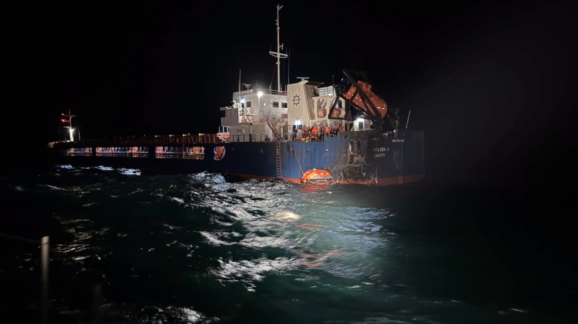 A rescue operation is carried out at the ship Chelsea 3 near Byala, Bulgaria, on October 13, 2026, after it was hit by drones