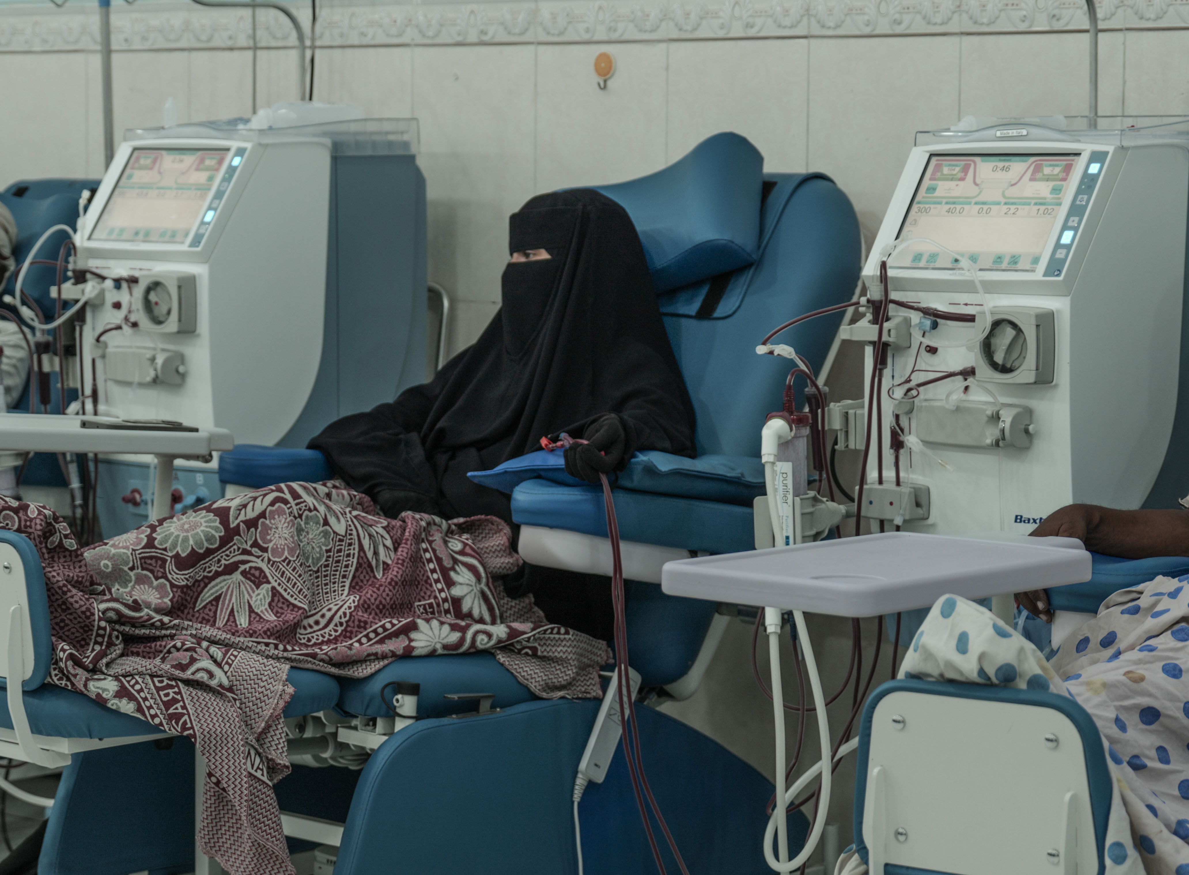 Zeina Ahmed undergoes a dialysis session at a hospital in Aden. For kidney patients like her, repeated power cuts add another layer of uncertainty to treatment that depends on a continuous electricity supply