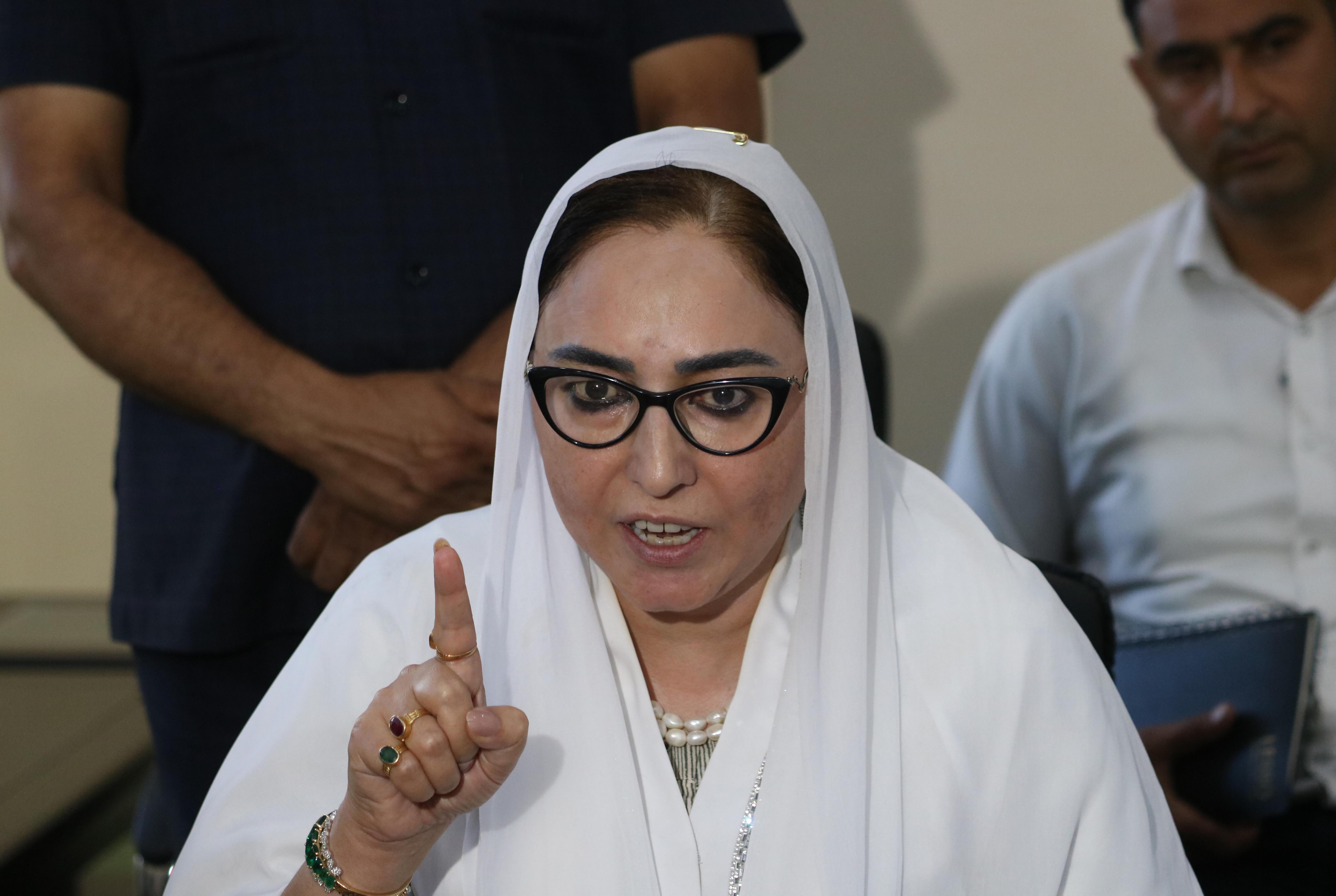Jammu and Kashmir Waqf Board Chairperson Darakhshan Andrabi speaks during a press conference at Hazratbal Shrine in Srinagar, Jammu and Kashmir, on September 5, 2025