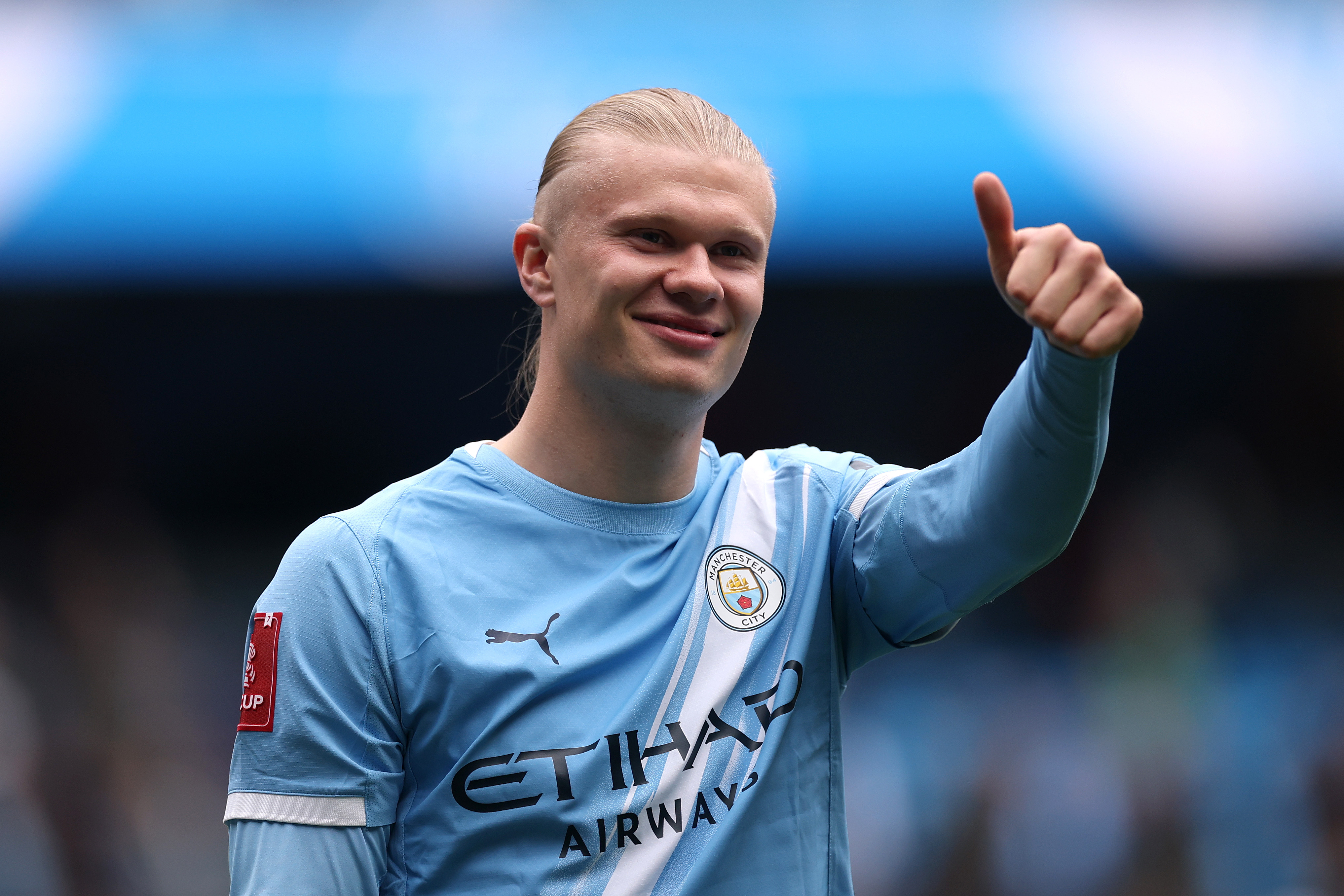 MANCHESTER, ENGLAND - APRIL 04: Erling Haaland of Manchester City acknowledges the fans following the team's victory during the Emirates FA Cup Quarter Final match between Manchester City and Liverpool at Etihad Stadium on April 04, 2026 in Manchester, England. (Photo by Carl Recine/Getty Images)