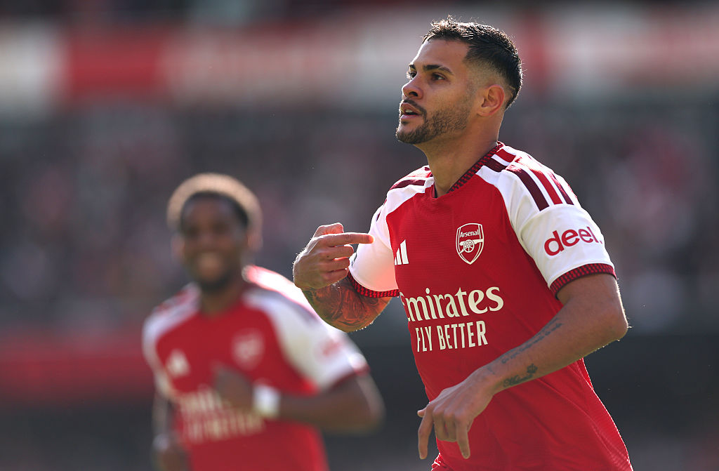 Bruno Guimaraes of Arsenal celebrates scoring his team’s second goal during the Premier League 2026/27 match between Arsenal FC and Leeds United