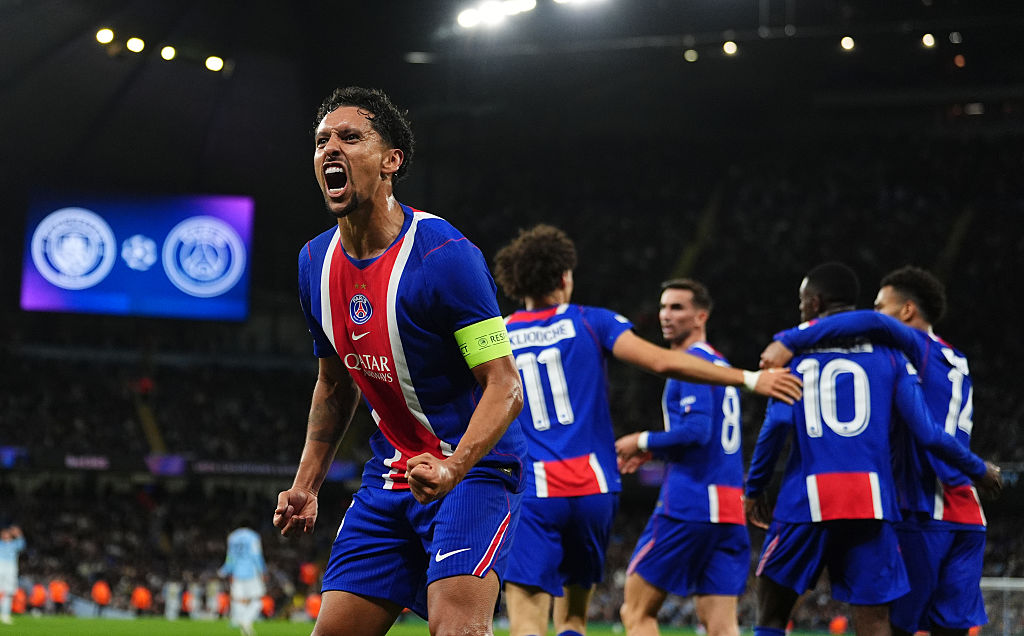 Paris Saint-Germain's Marquinhos celebrates after team-mate Maghnes Akliouche scores their side's fourth goal of the game during the UEFA Champions League, league phase match at the Etihad Stadium, Manchester City