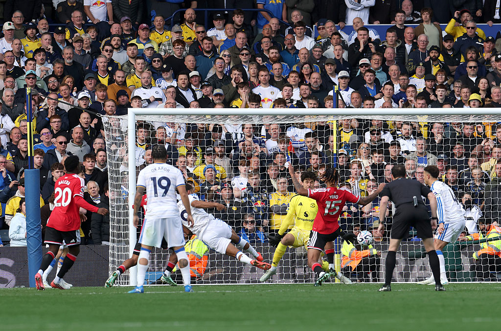 Dominic Calvert-Lewin of Leeds United celebrates scoring his team’s first goal during the Premier League 2026/27 match