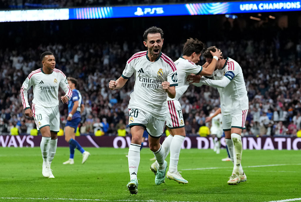 Bernardo Silva of Real Madrid celebrates scoring his team’s first goal during the UEFA Champions League 2026/27 League Phase MD3 match between Real Madrid C.F. and RB Leipzig