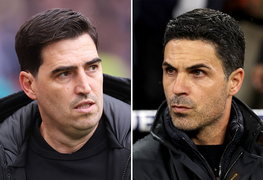 Combination of photos: Andoni Iraola, manager of Liverpool (L) and Mikel Arteta, manager of Arsenal.