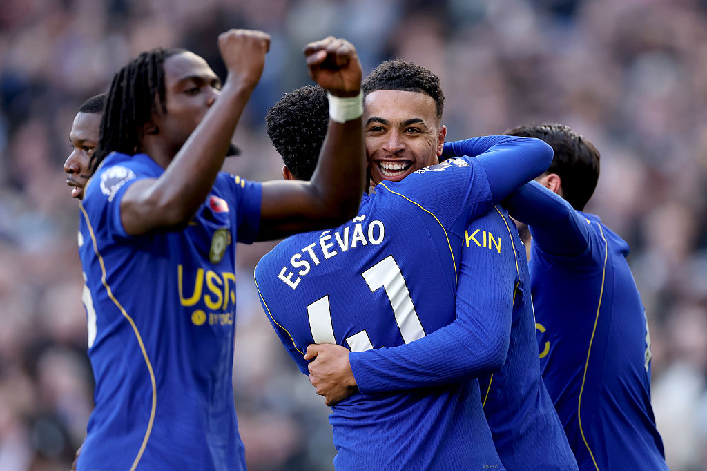 Morgan Rogers of Chelsea celebrates scoring his team’s first goal with teammate Estevao during the Premier League 2026/27 match