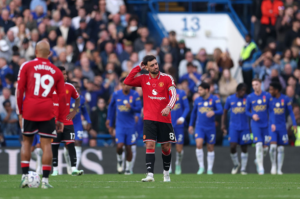 Bruno Fernandes of Manchester United reacts after Cole Palmer of Chelsea scores his team’s second goal during the Premier League 2026/27 match