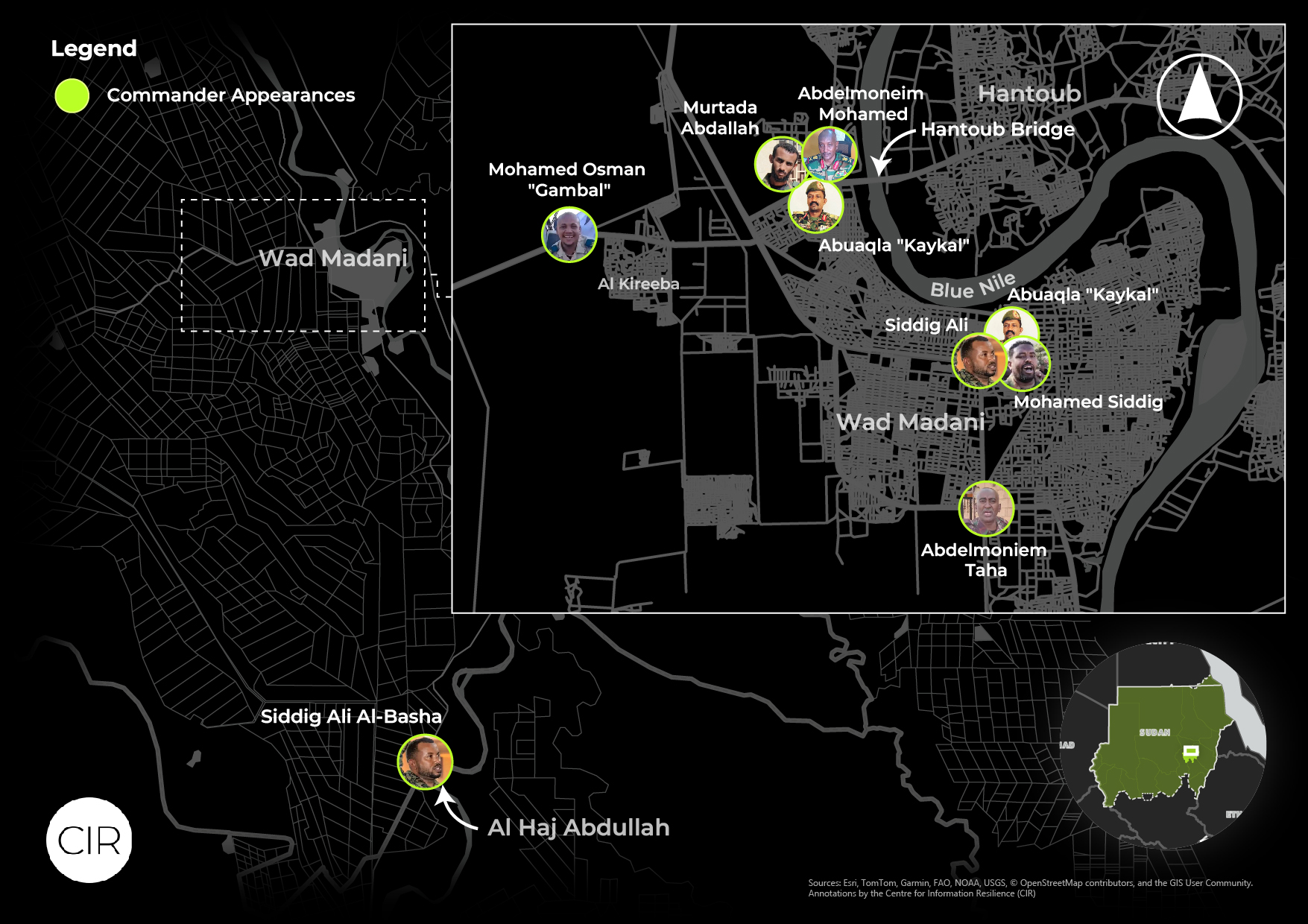 Verified appearances of RSF commanders in and around el-Fasher, from October 25 to November 30, 2025 [Map by CIR]