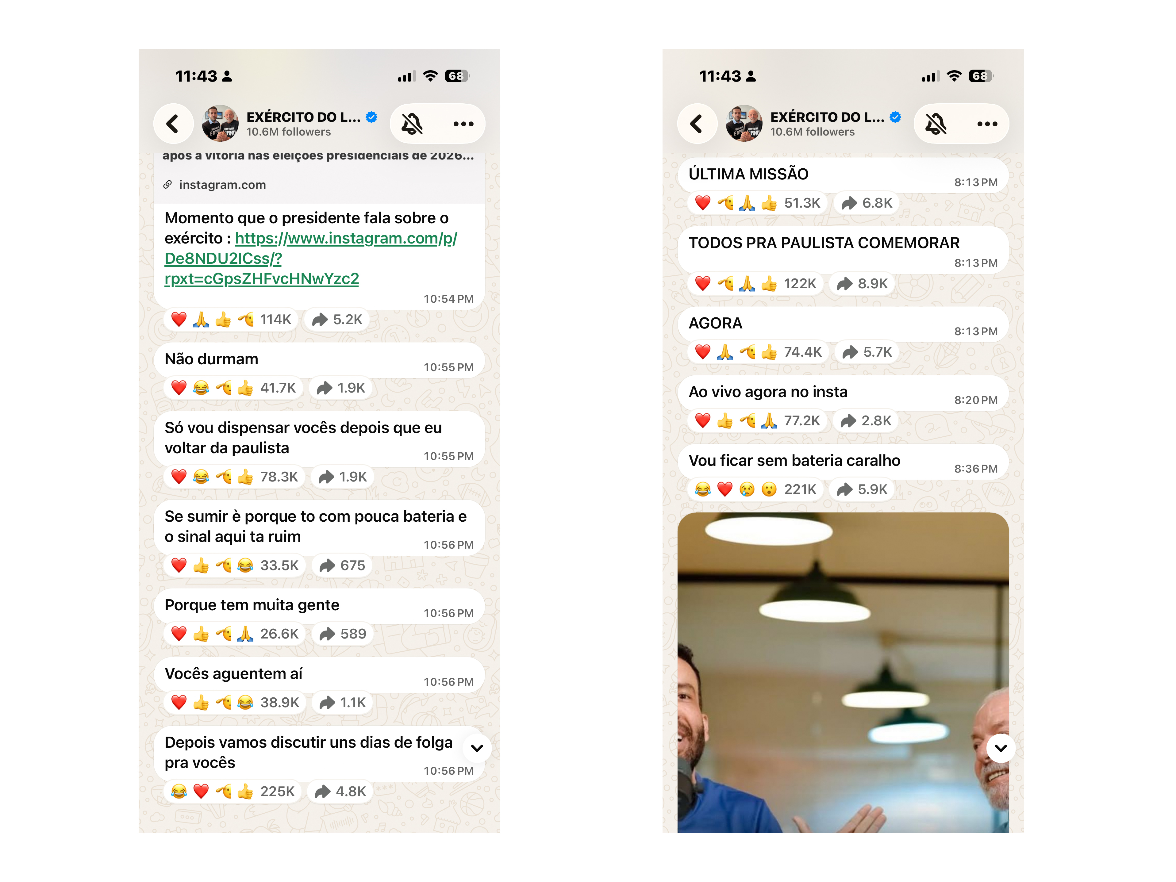 Screenshots from Andre Janones’s WhatsApp channel, Exército do Lula, or “Lula’s Army,” show messages urging supporters to gather on São Paulo’s Paulista Avenue to celebrate Luiz Inacio Lula da Silva’s election victory on October 25, 2026 [Exército do Lula]