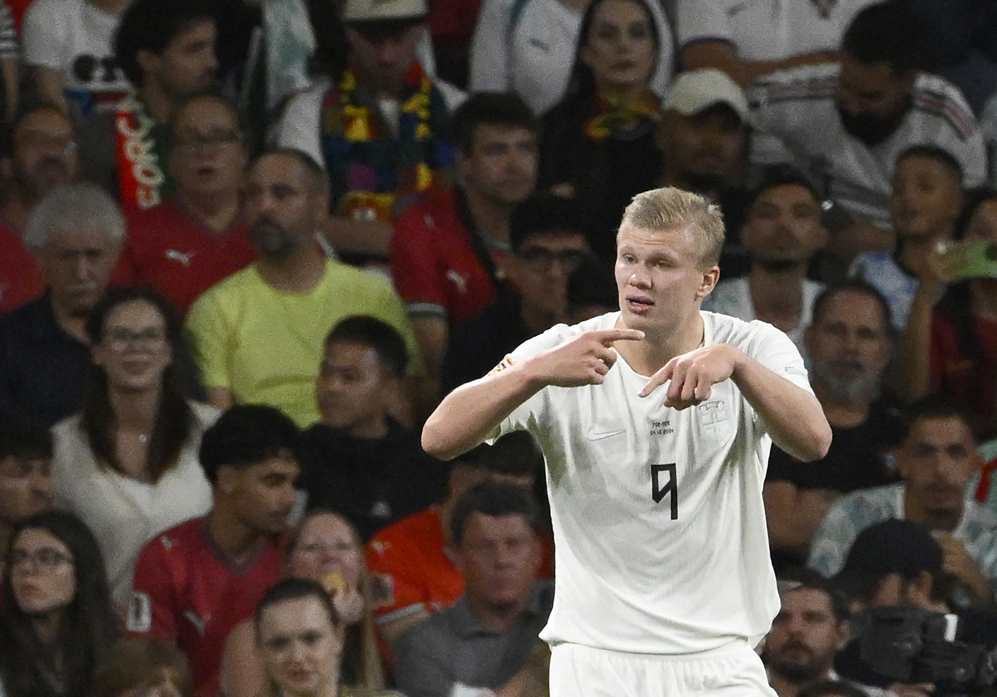 Norway's forward #09 Erling Haaland asks for substitution during the UEFA Nations League Group 4 football match between Portugal and Norway at Dragao stadium in Porto on October 3, 2026.