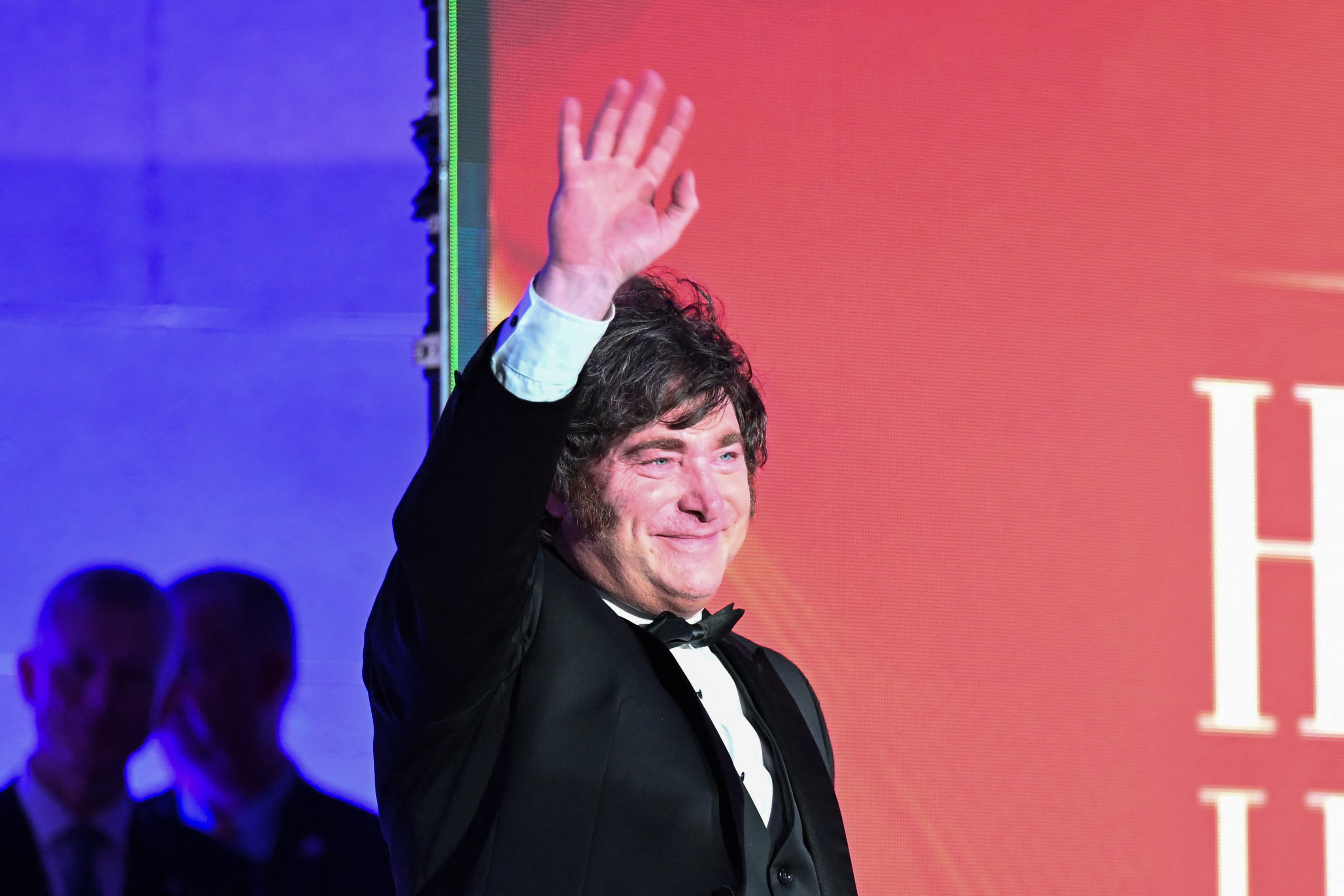 Argentina's President Javier Milei arrives to the stage to speak during the Hispanic Heritage Gala in Washington, DC on October 14, 2026. (Photo by Alex WROBLEWSKI / AFP)