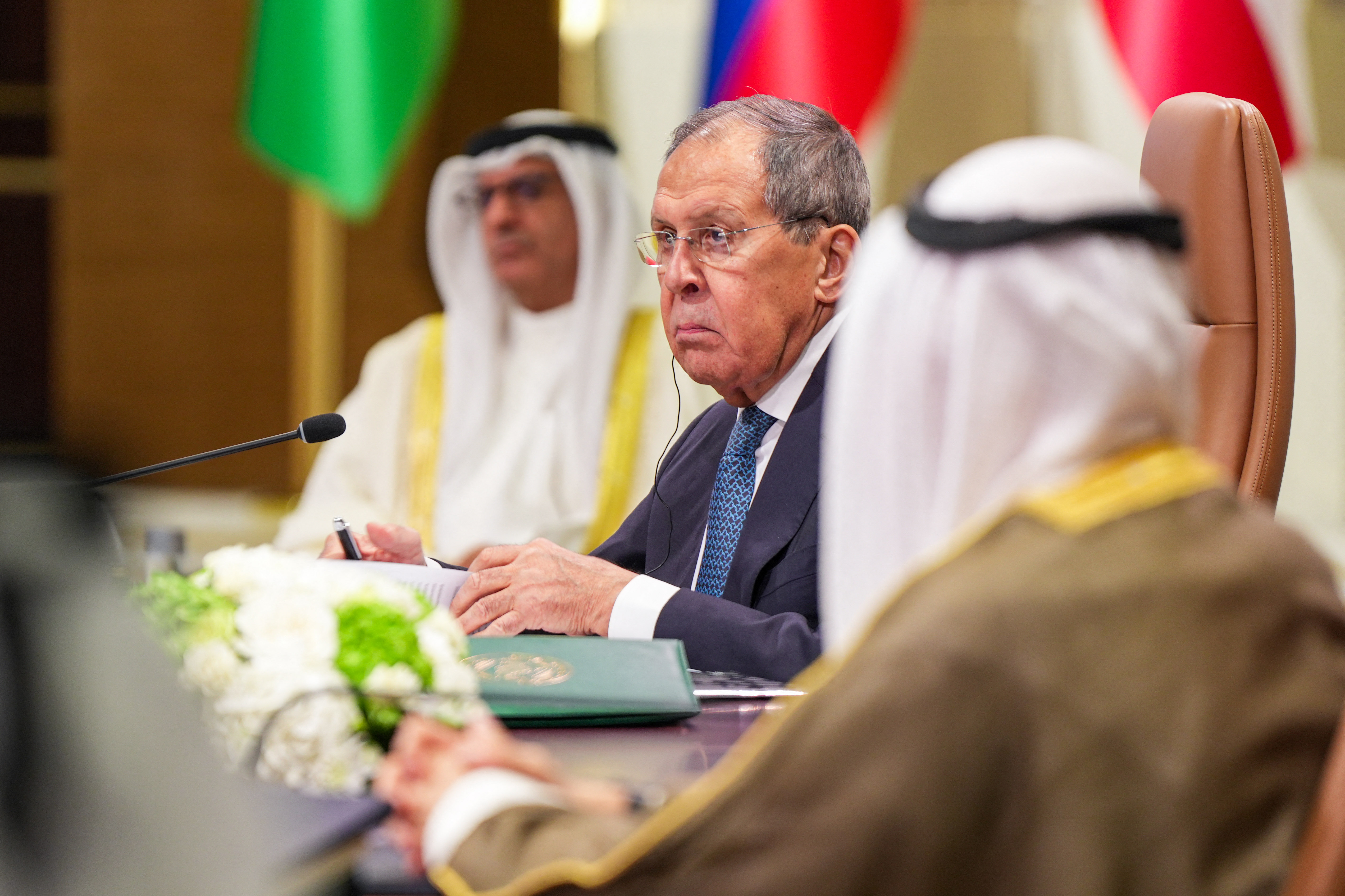 Russia's Foreign Minister Sergei Lavrov (C) attends the 9th Joint Ministerial Meeting of the Strategic Dialogue between the Gulf Cooperation Council (GCC) and the Russian Federation in Manama on October 18, 2026. (Photo by Fadhel Madan / AFP)