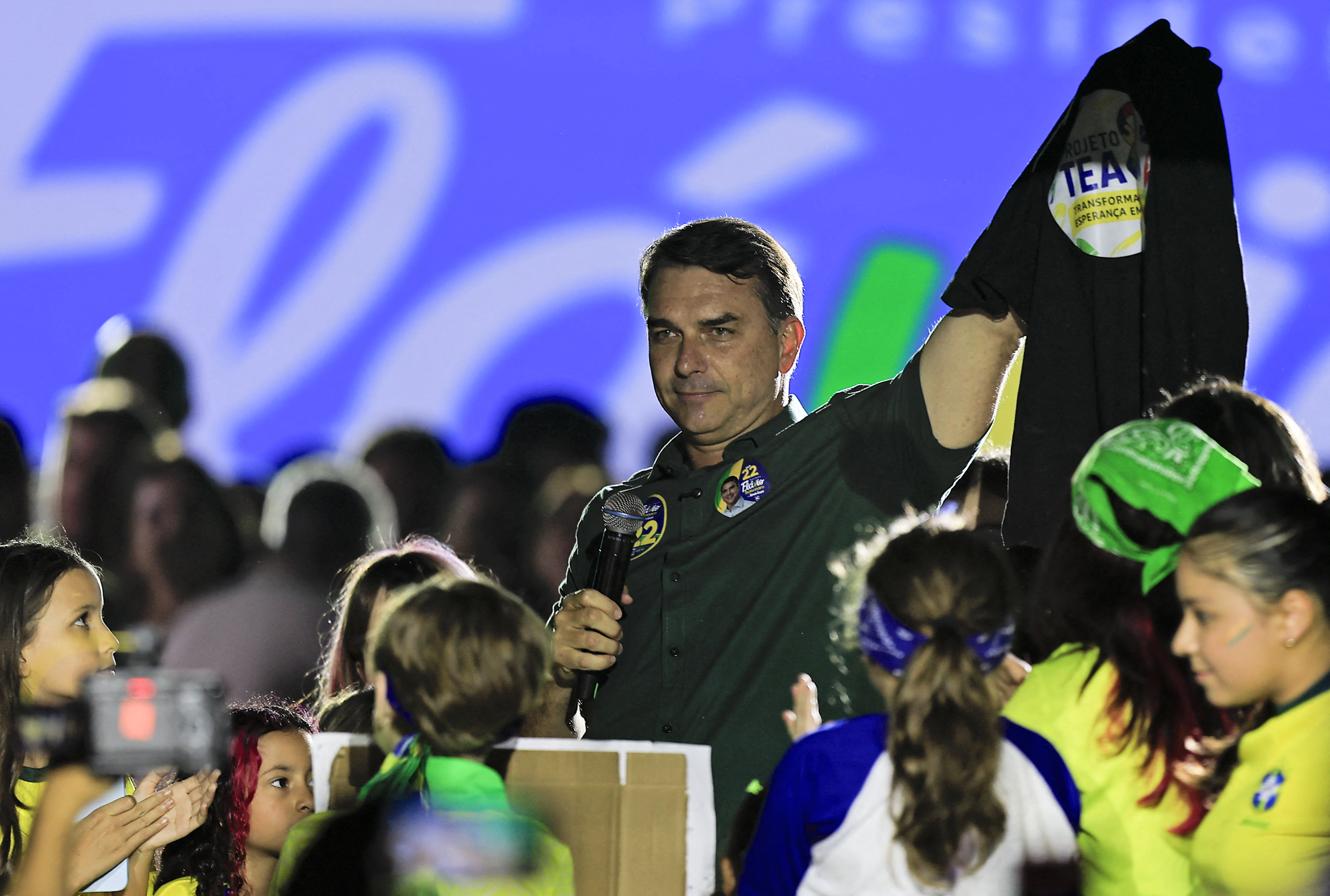 Brazil's right-wing senator and presidential candidate for the Liberal Party (PL) Flavio Bolsonaro attends a campaign rally in Guarulhos, Sao Paulo State, Brazil, on October 21, 2026, ahead of the presidential election runoff.