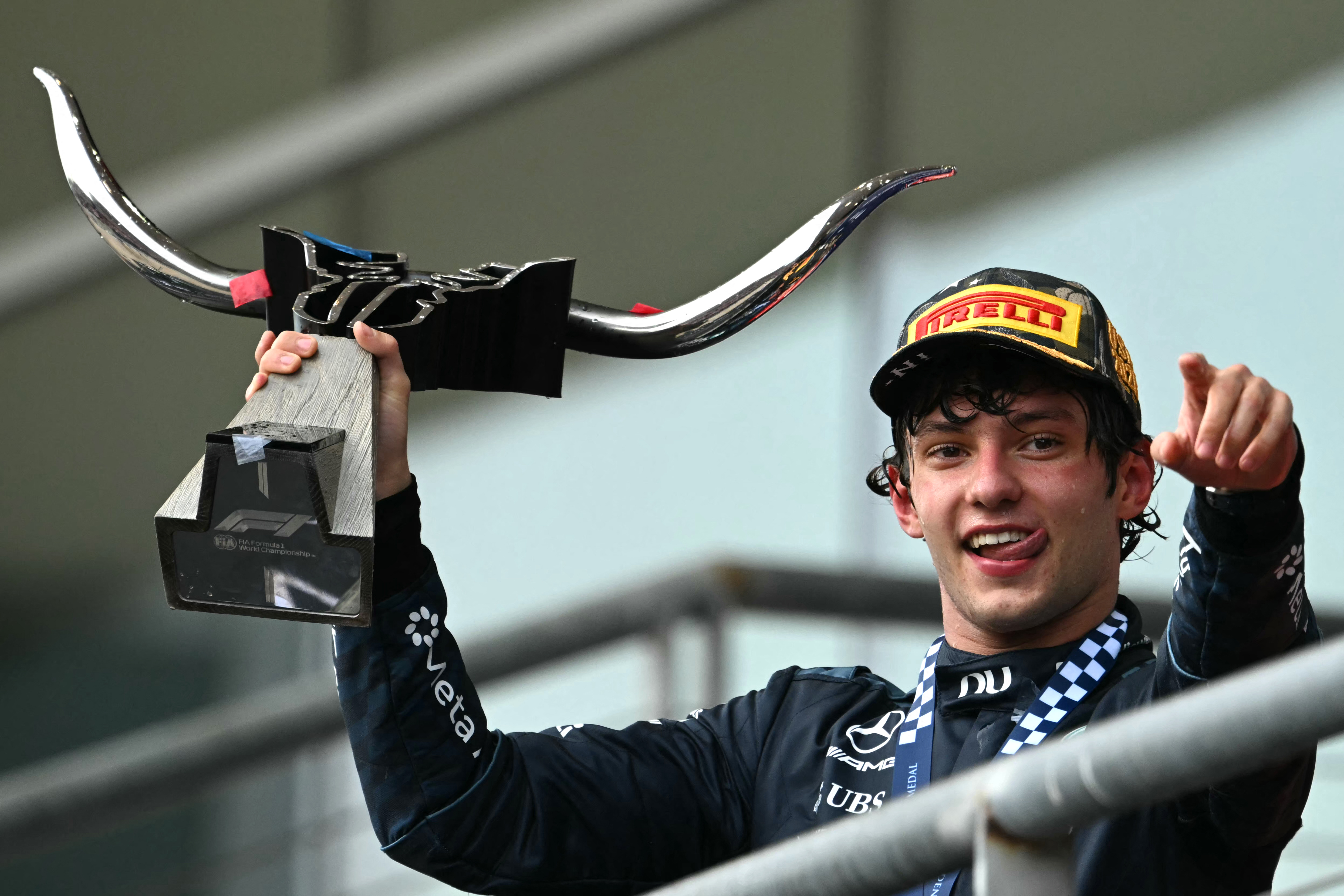 Mercedes Italian driver Kimi Antonelli holds the trophy