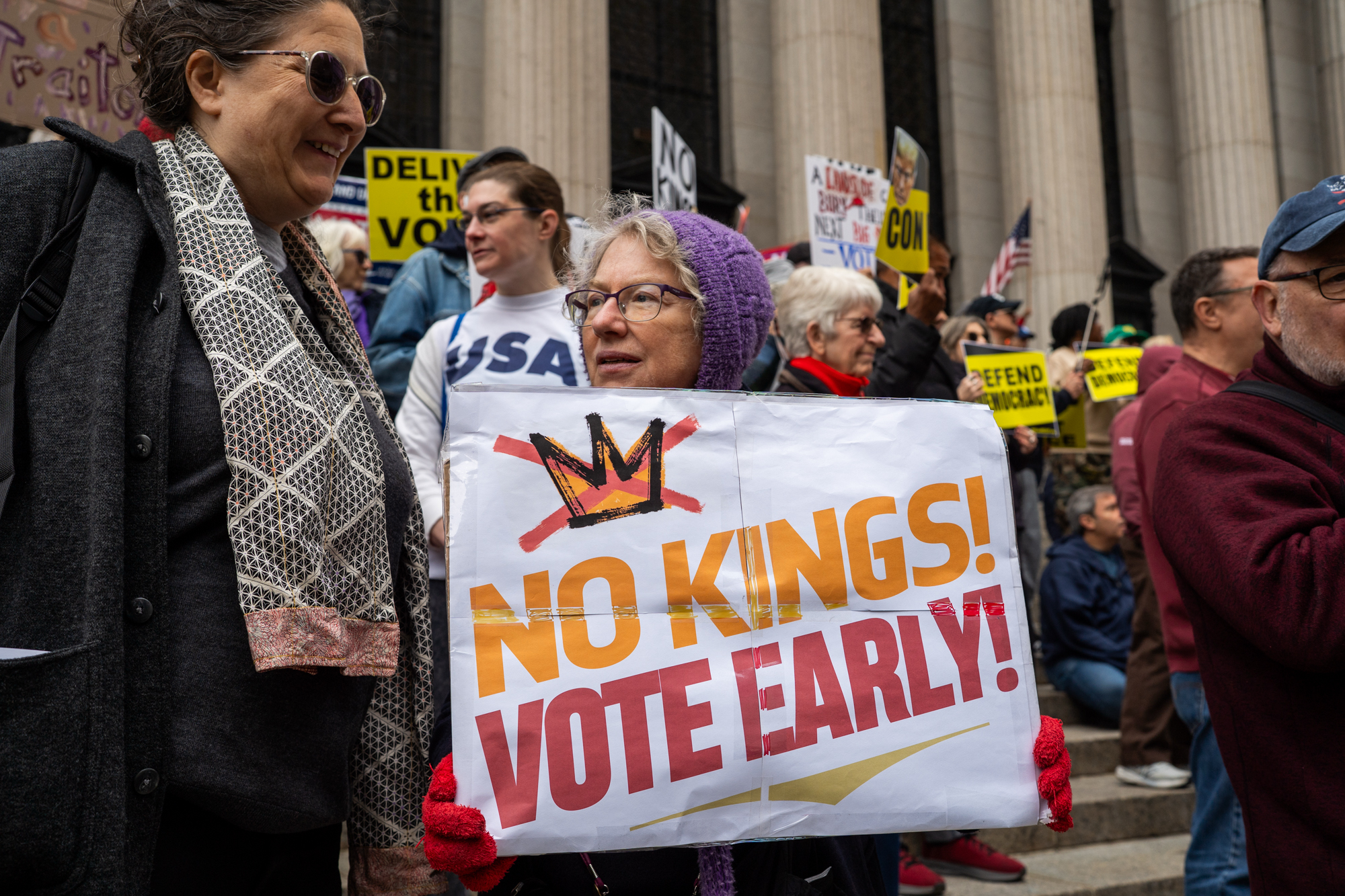 Protestors gather for a "No Kings" rally on Saturday, Oct. 17, 2026, in New York. (AP Photo/Madison Swart)