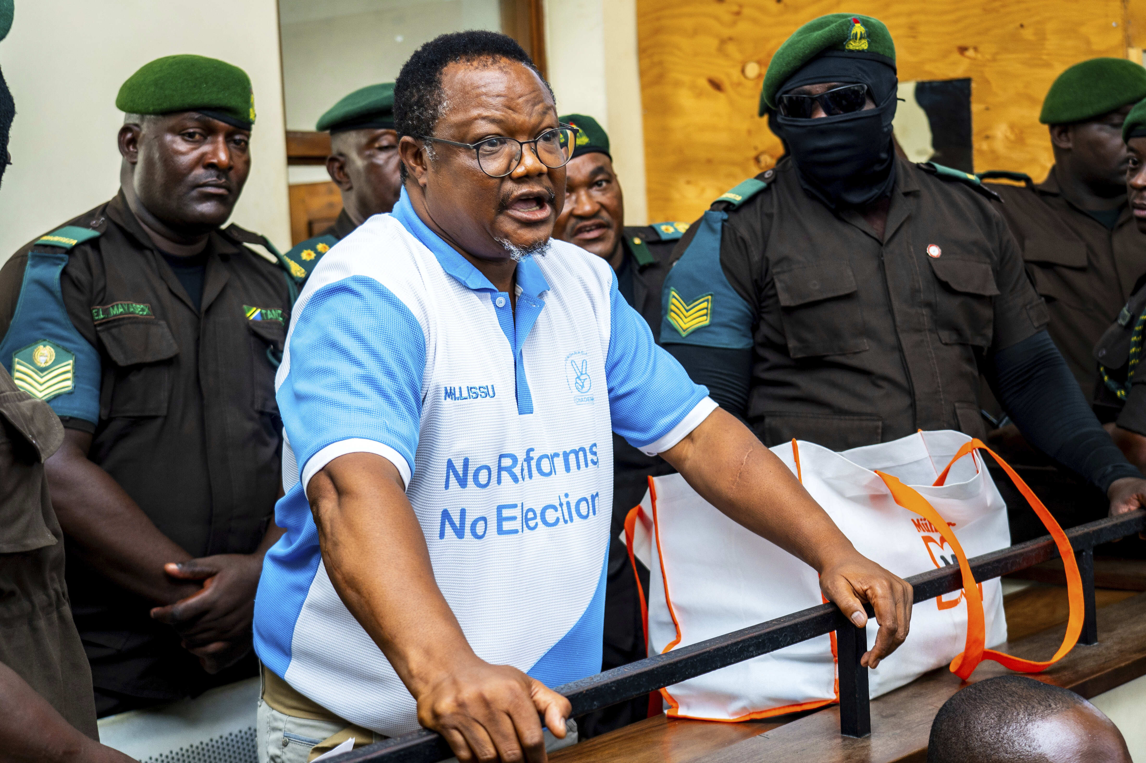 CAPTION CORRECTS THE SPELLING - Tanzania's main opposition leader Tundu Lissu, appears at Kisutu magistrate's court in Dar es Salaam, Tanzania Monday, May 19, 2025. (AP Photo/Derick Katunzi)