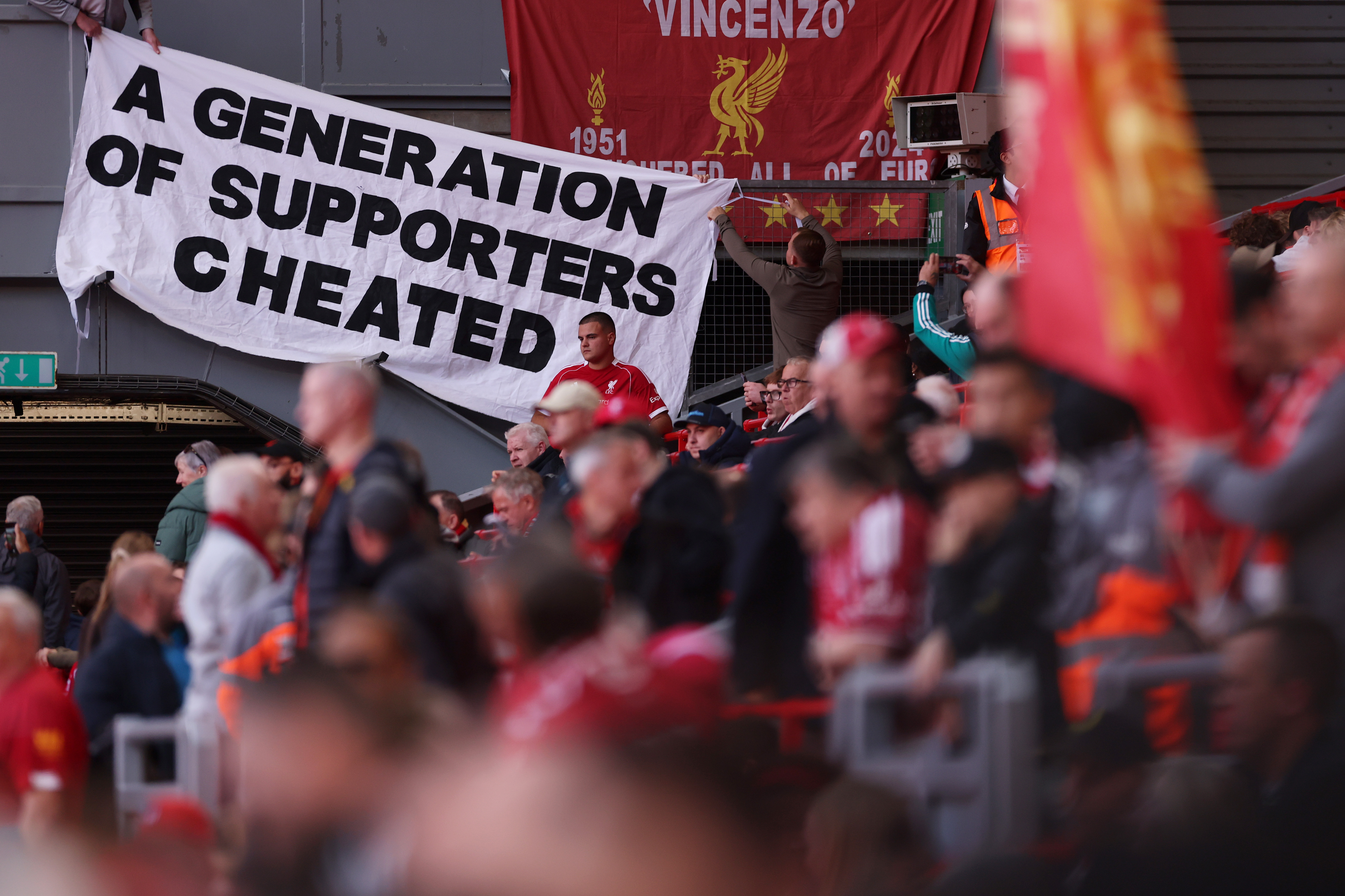 LIVERPOOL, ENGLAND - OCTOBER 11: Liverpool fans display a banner inside the stadium that reads "A generation of supporters cheated" before the Premier League 2026/27 match between Liverpool FC and Manchester City at Anfield on October 11, 2026 in Liverpool, England. (Photo by Alex Pantling/Getty Images)