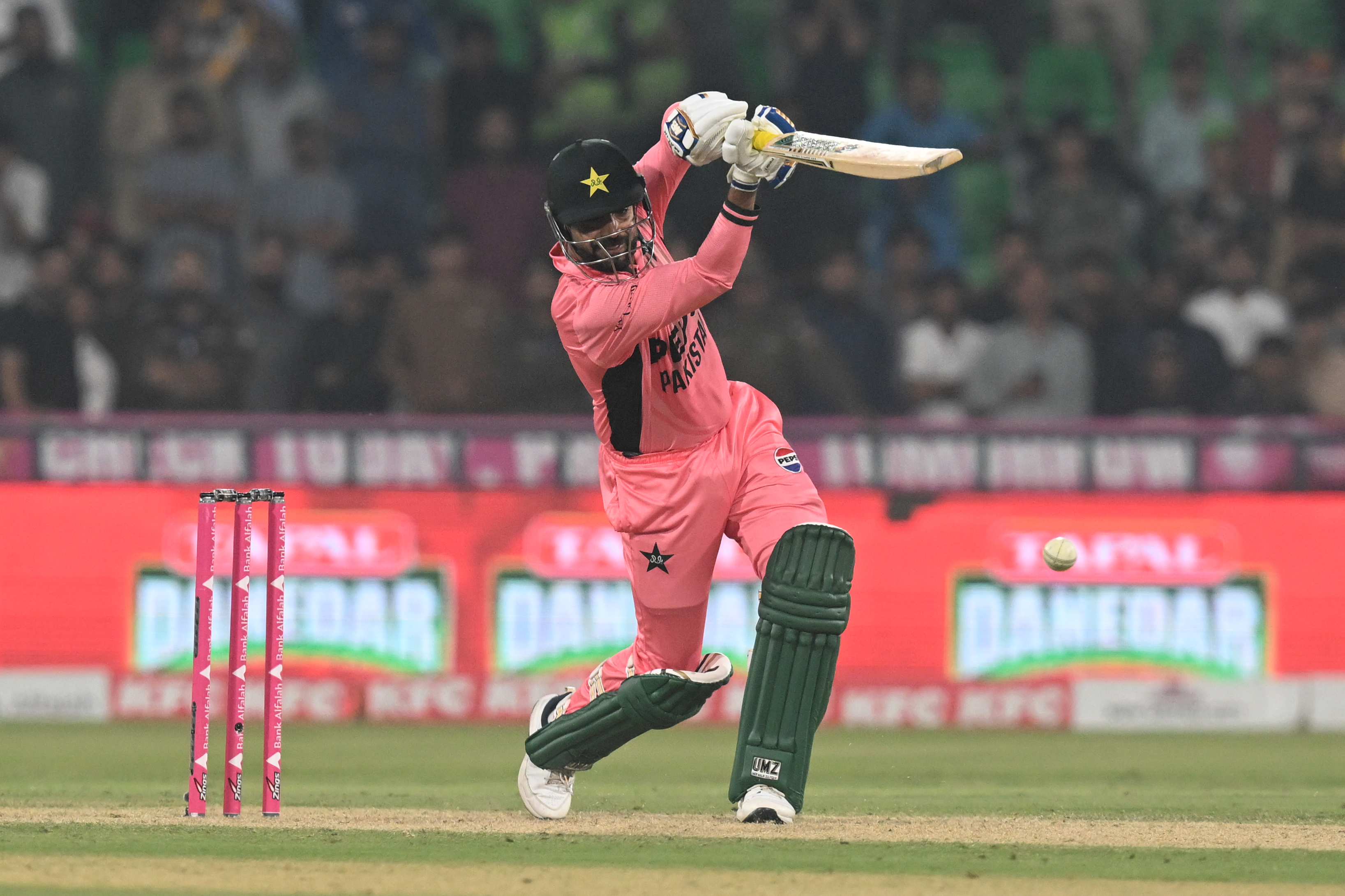 Haris Rauf of Pakistan bats during a game.