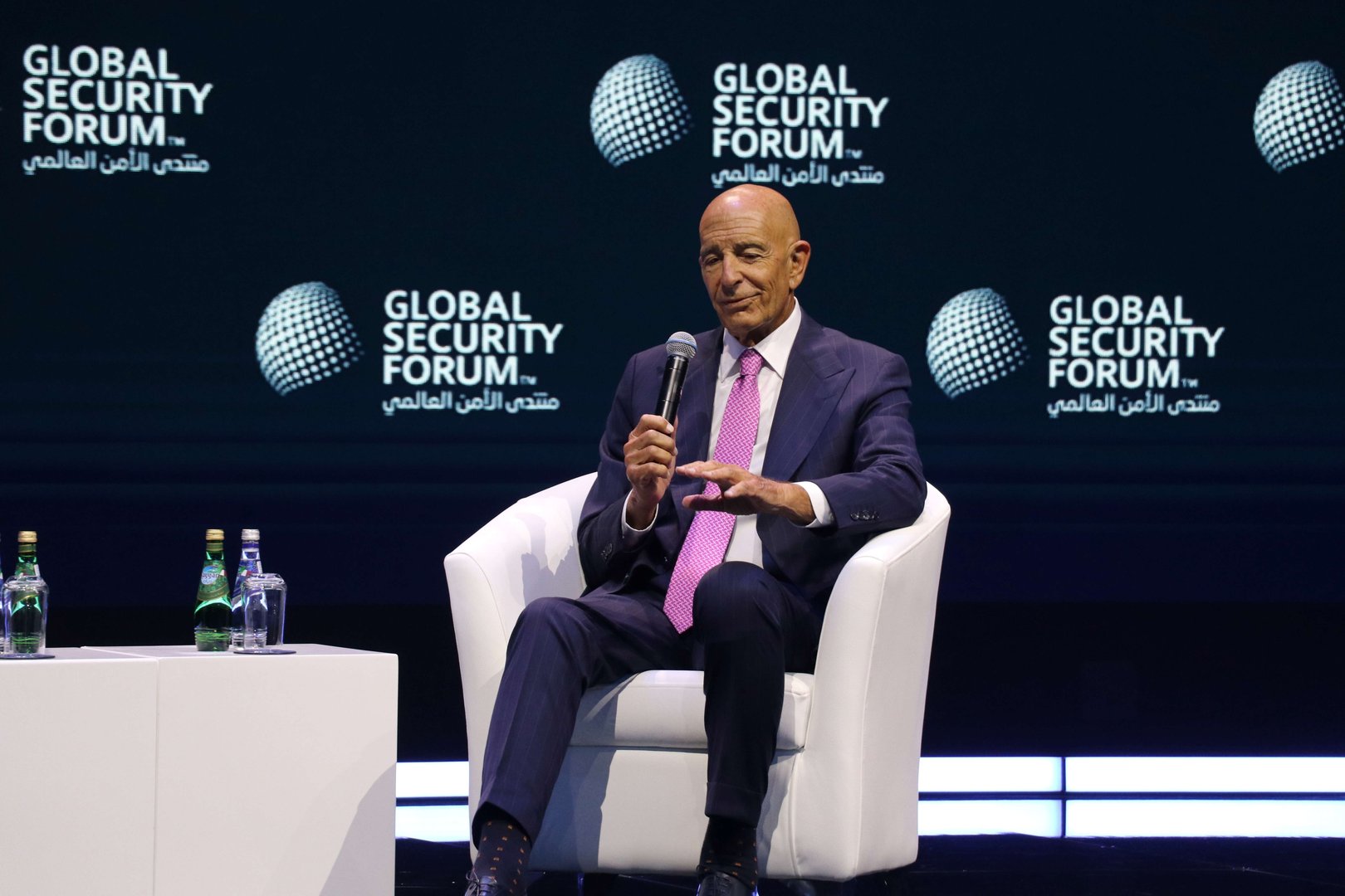 US Ambassador to Ankara and Special Envoy for Syria and Iraq Tom Barrack delivers a speech during the 8th Global Security Forum, held under the theme "The Future of Alliances," in Doha, Qatar, on October 20, 2026. [Ali Altunkaya/AA]