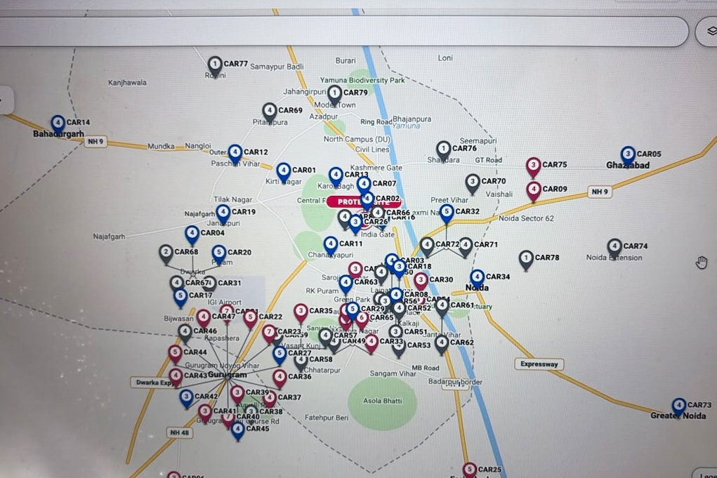 A map showing the locations of rescue cars deployed by Rajiv Choudhary’s team in New Delhi