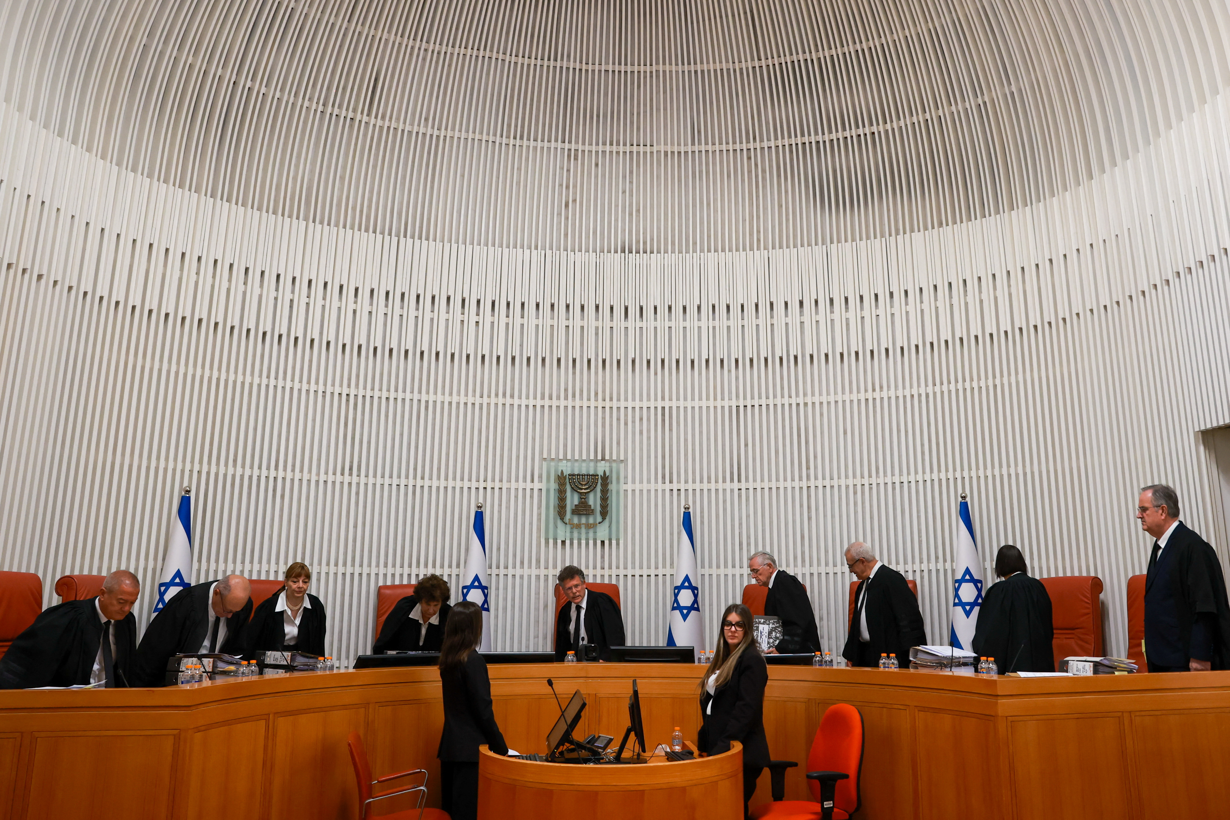 Judges of Israel's Supreme Court hear appeals against the Central Elections Committee's decisions to disqualify Balad chairman Sami Abu Shehadeh, Hadash-Taal MK Ofer Cassif and Arab party lists from running in Israel's upcoming national elections, in Jerusalem, October 1, 2026. REUTERS/Ronen Zvulun