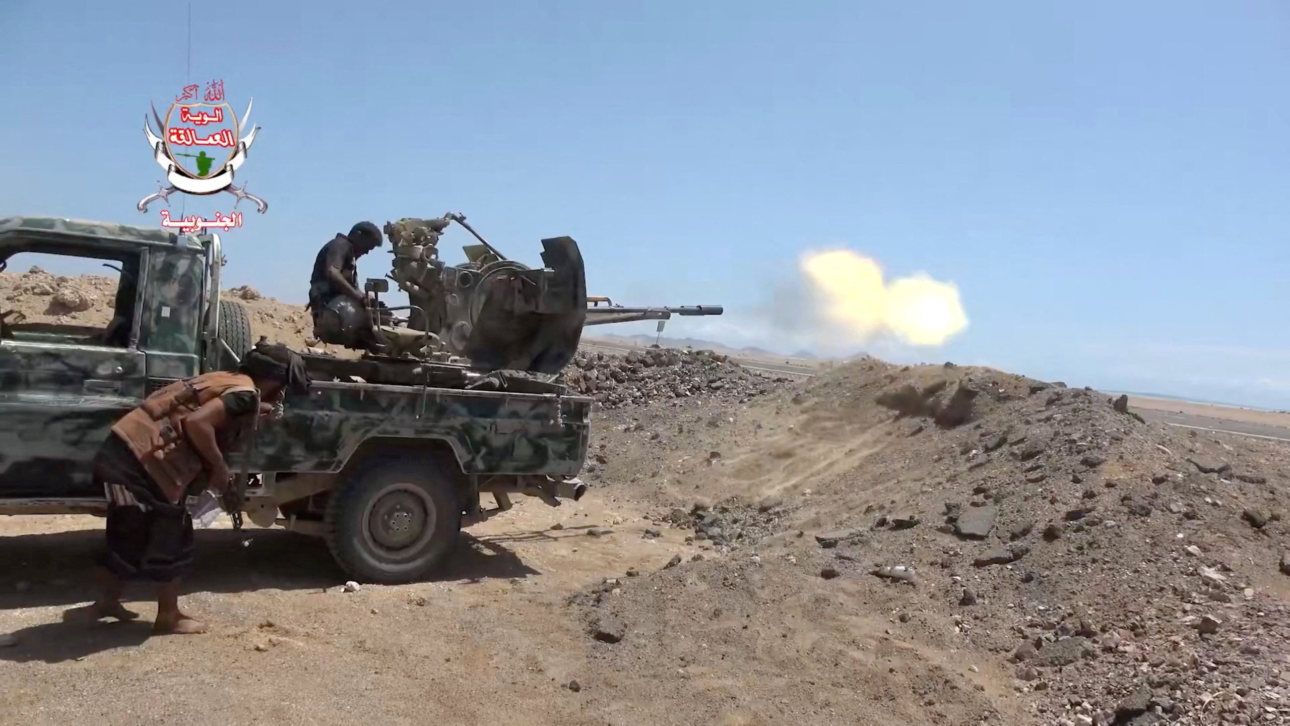 A pro-Saudi-backed Yemeni government fighter fires a vehicle-mounted weapon during what government forces say was an advance against the Iran-backed Houthis, near Dhubab, Taiz Governorate, Yemen, in this still image taken from video released October 5, 2026. Southern Giants Brigades/Handout via REUTERS THIS IMAGE HAS BEEN SUPPLIED BY A THIRD PARTY. MUST NOT OBSCURE LOGO. VERIFICATION: - Location partially verified from the runway, airport control tower, road layout, shape of the mountains and coastline, that matched topography mapping, satellite and archive imagery. - Date could not be independently verified. - No older versions found posted online before October 5.