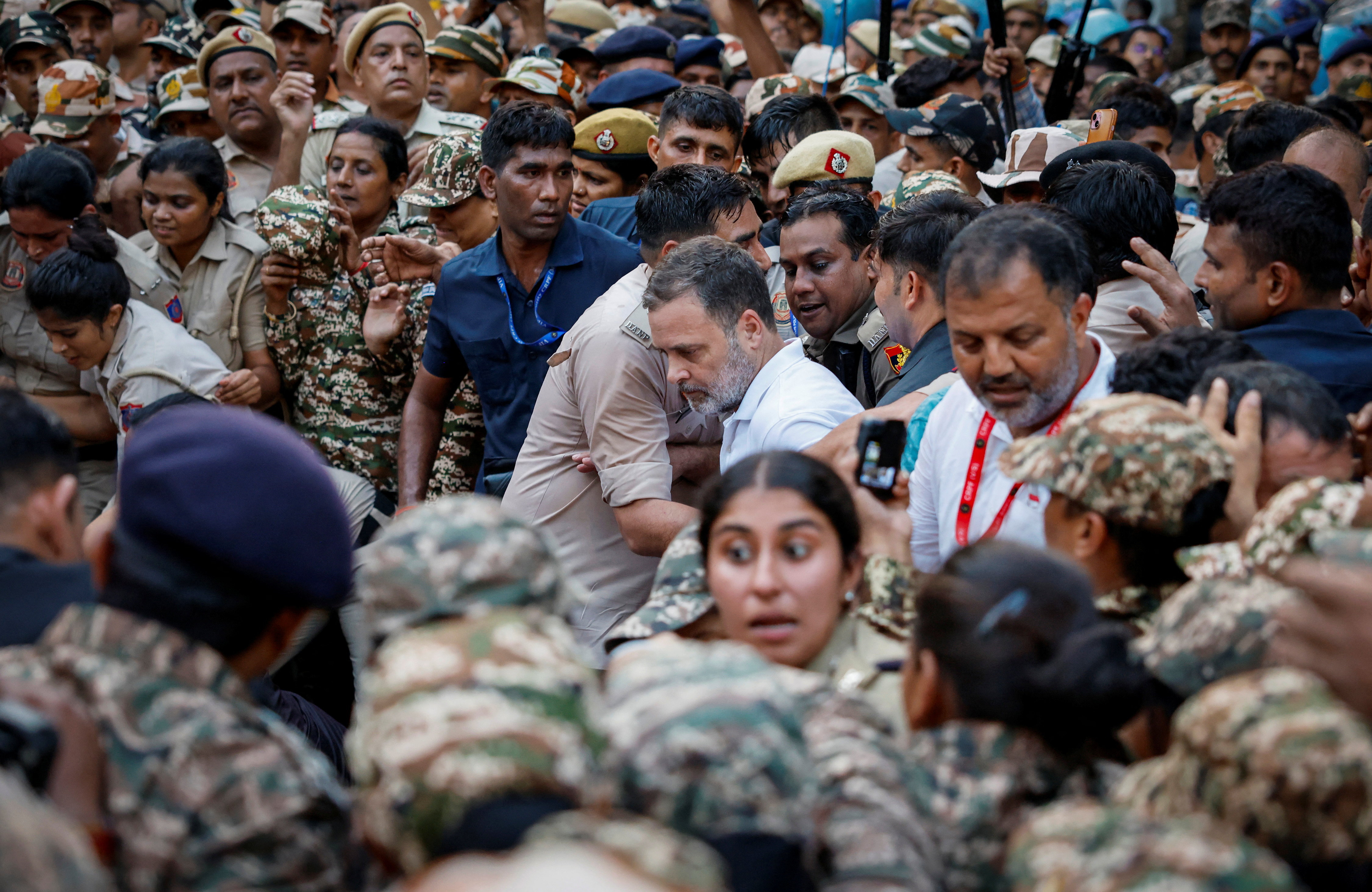 Police detain Indian opposition leader Rahul Gandhi, during a protest organized by opposition parties demanding the resignation of Chief Election Commissioner Gyanesh Kumar, in New Delhi, India, October 7, 2026. REUTERS/Adnan Abidi