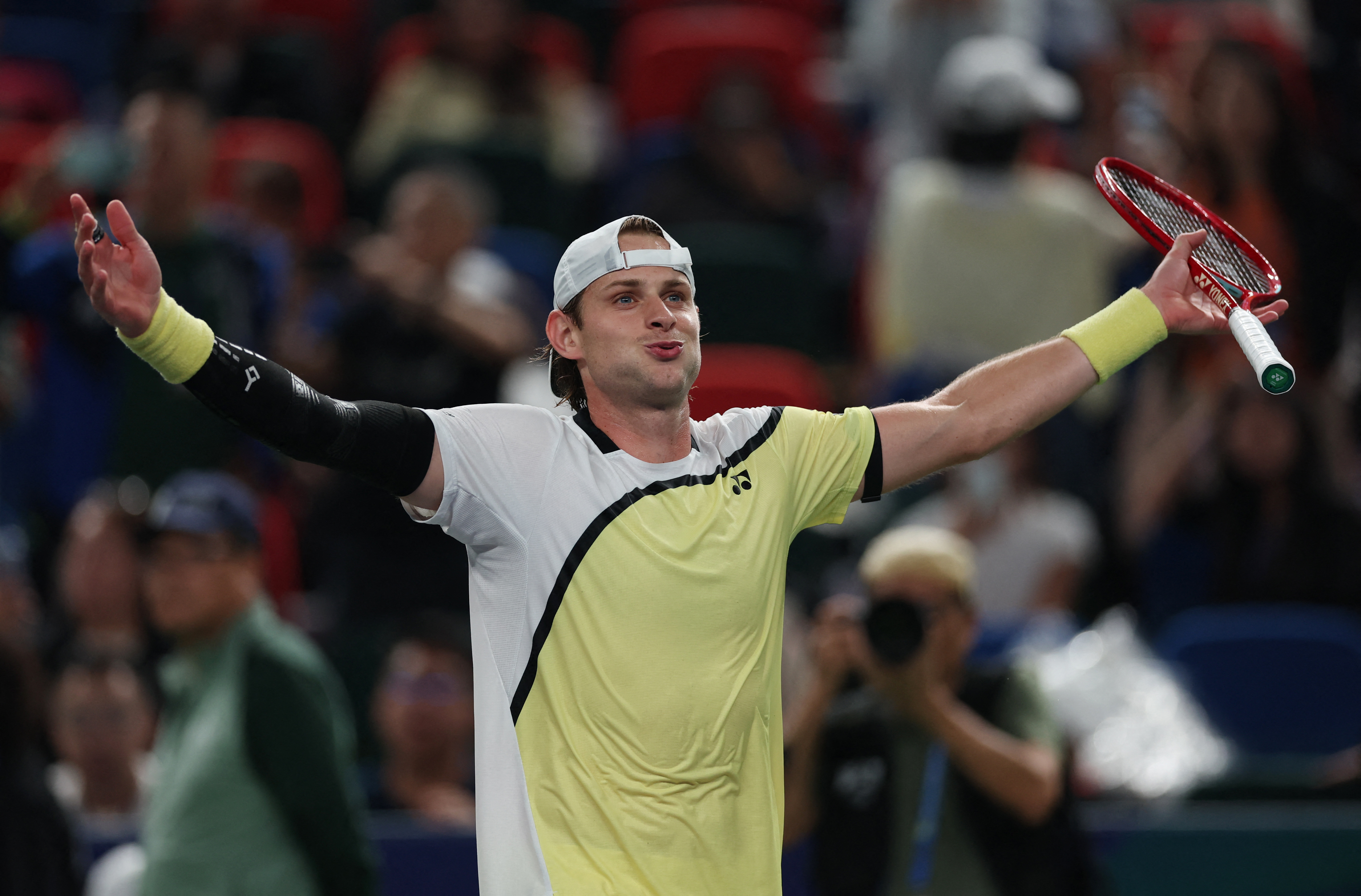 Tennis - ATP Masters 1000 - Shanghai Masters - Qizhong Forest Sports City Arena, Shanghai, China - October 12, 2026 Belgium's Zizou Bergs celebrates after winning his round of 32 match against Spain's Carlos Alcaraz REUTERS/Tyrone Siu