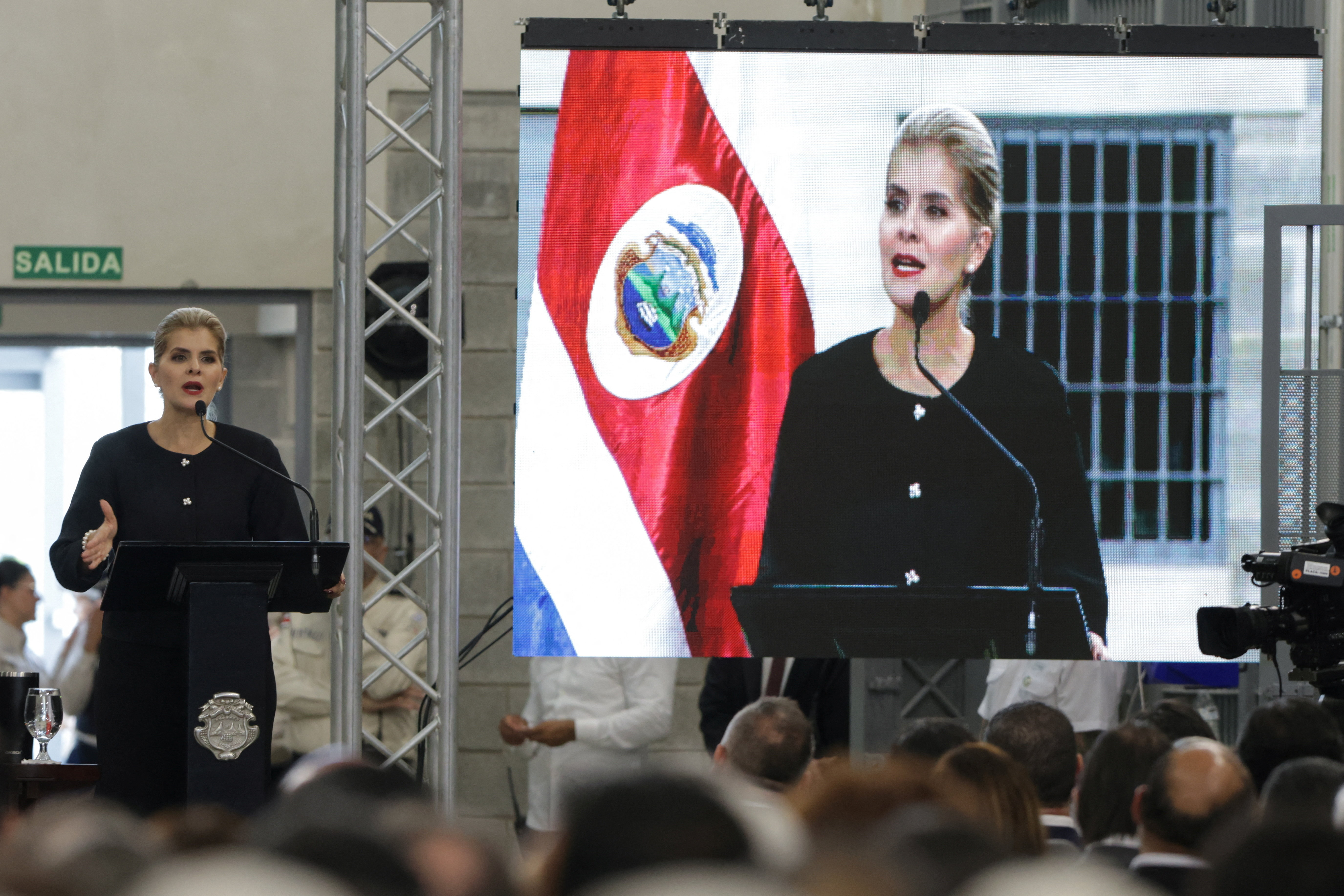 Costa Rican President Laura Fernandez speaks during the inauguration of the Center for High Containment of Organized Crime (CACCO), a new maximum-security prison built with the cooperation of the government of El Salvador’s President Nayib Bukele, in Alajuela, Costa Rica, October 14, 2026. REUTERS/Mayela Lopez