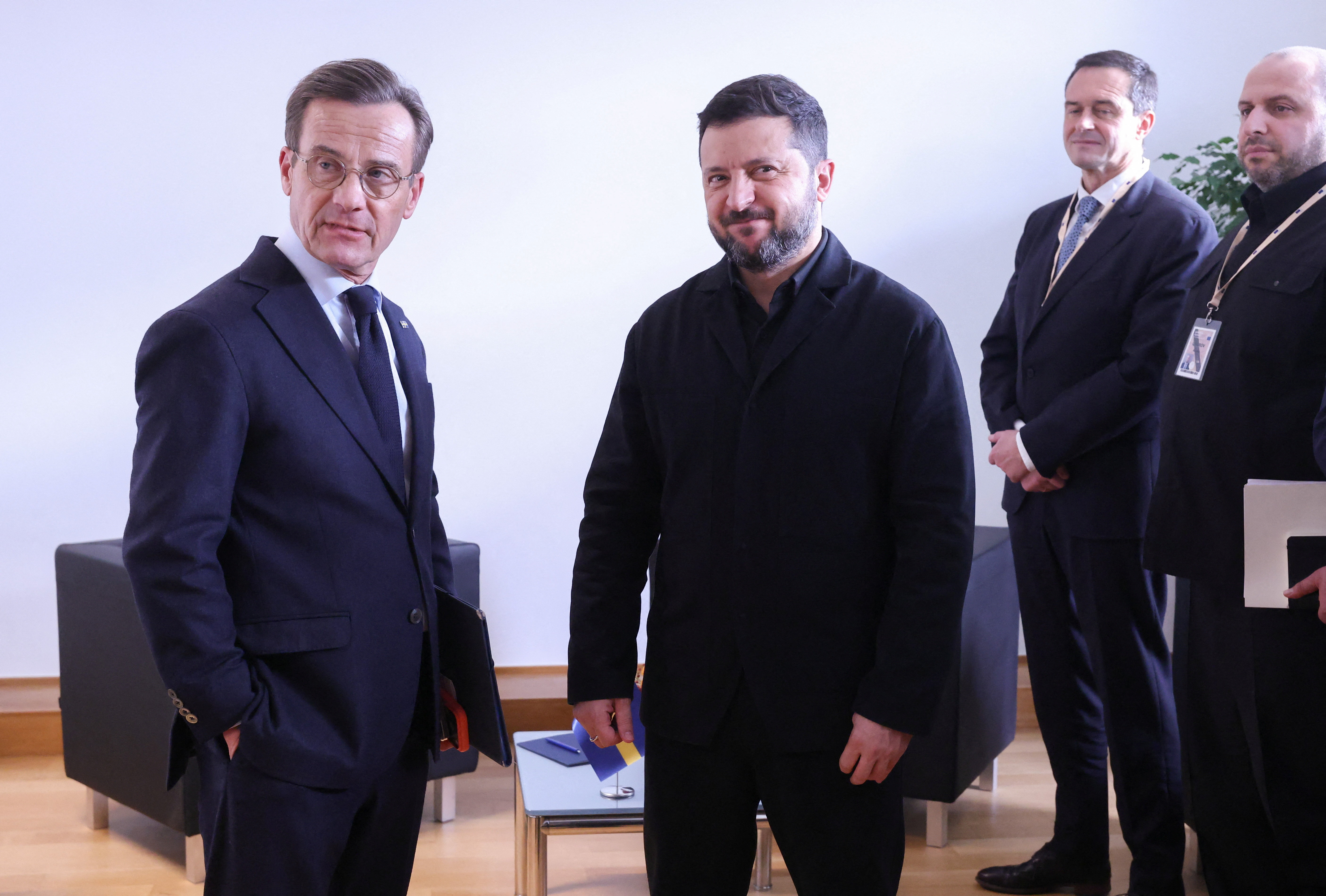 Ukraine's President Volodymyr Zelenskiy meets with Sweden's Prime Minister Ulf Kristersson during a bilateral meeting at the second day of a European Council summit in Brussels, Belgium October 16, 2026. Olivier Hoslet/Pool via REUTERS