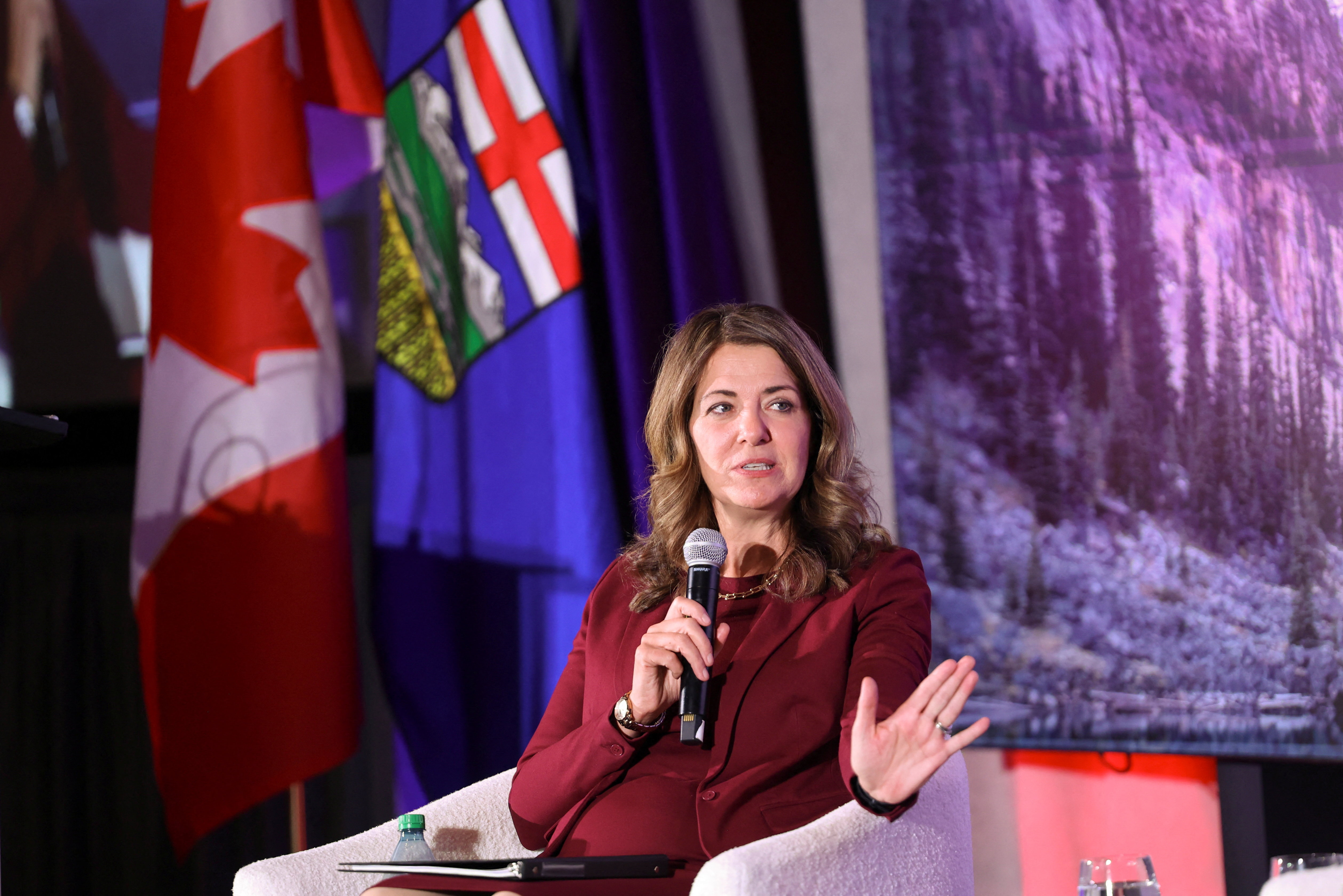 Alberta Premier Danielle Smith speaks at the Canada Strong and Free conference, days before a non-binding referendum on Alberta sovereignty, in Calgary, Alberta, Canada October 16, 2026. REUTERS/Ahmed Zakot