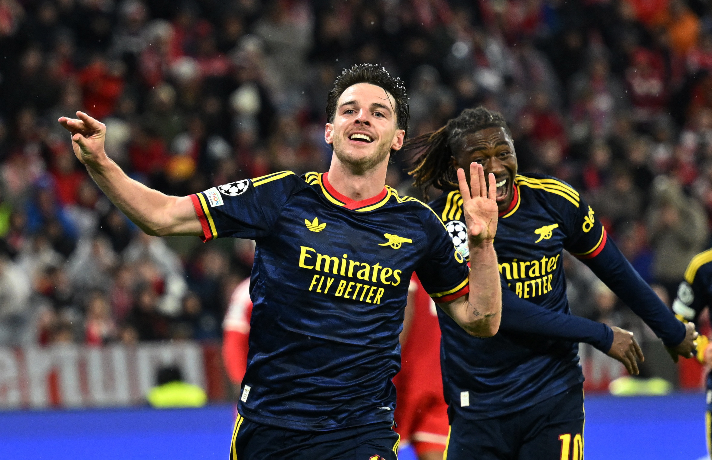 Soccer Football - UEFA Champions League - Bayern Munich v Arsenal - Allianz Arena, Munich, Germany - October 21, 2026 Arsenal's Declan Rice celebrates scoring their second goal REUTERS/Angelika Warmuth