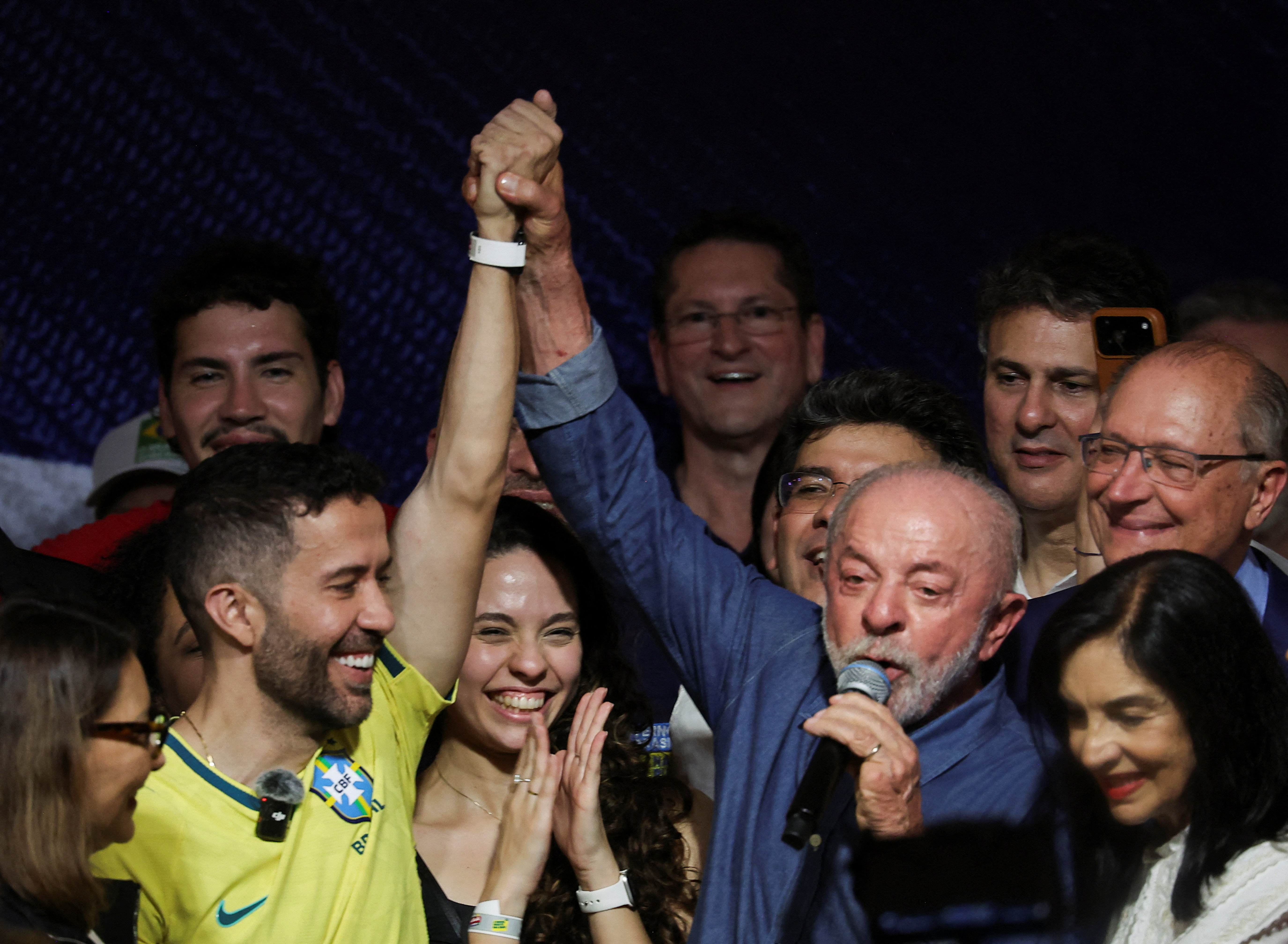 Brazilian President Luiz Inacio Lula da Silva, the Workers' Party (PT) candidate for presidential re-election, speaks as he celebrates with Andre Janones, a member of the Chamber of Deputies of Brazil, after winning the presidential runoff election, in Sao Paulo, Brazil, October 25, 2026. REUTERS/Amanda Perobelli