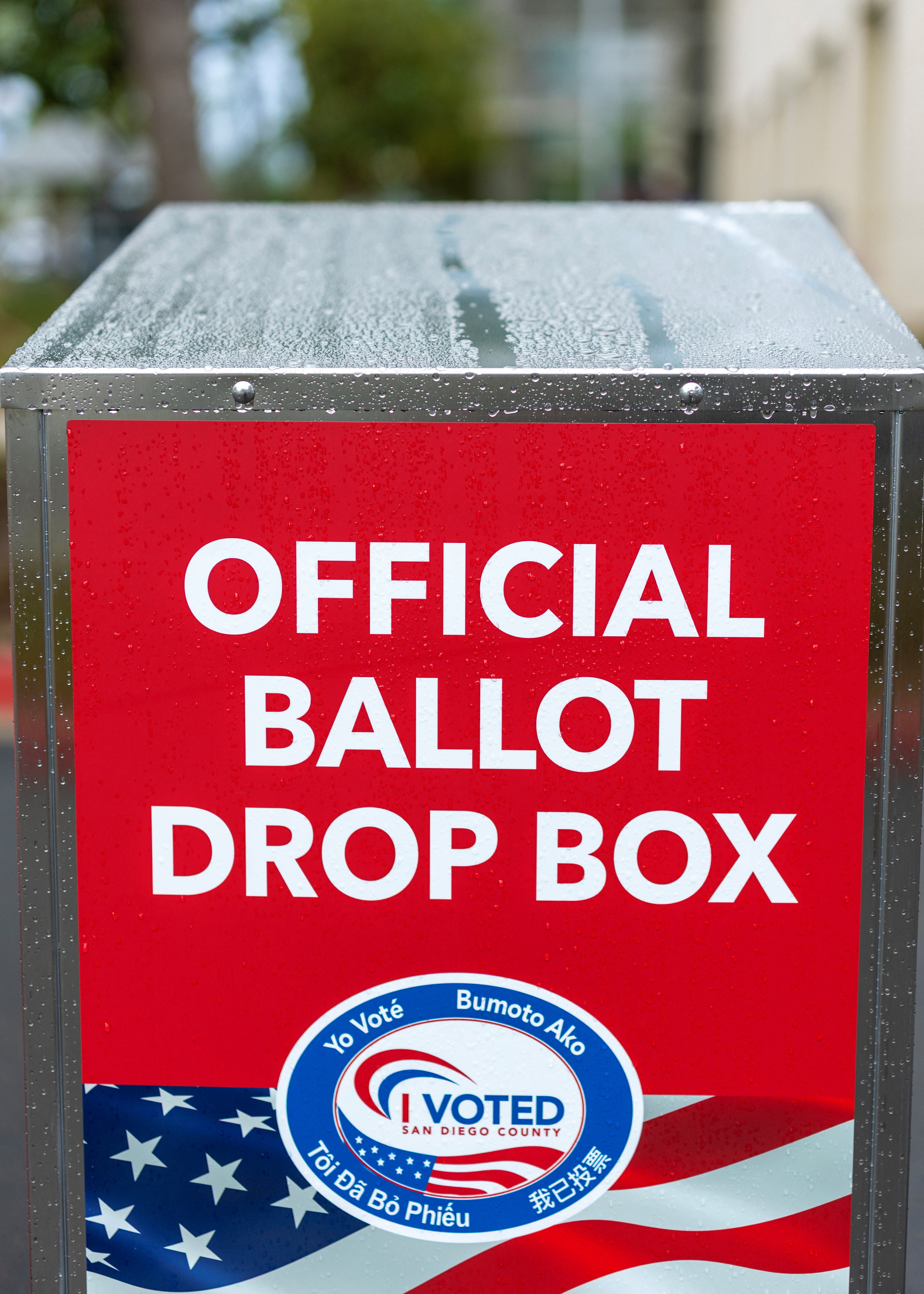 An official ballot drop box outside of the Registrar of Voters offices in San Diego, California, US, October 23, 2026. REUTERS/Mike Blake