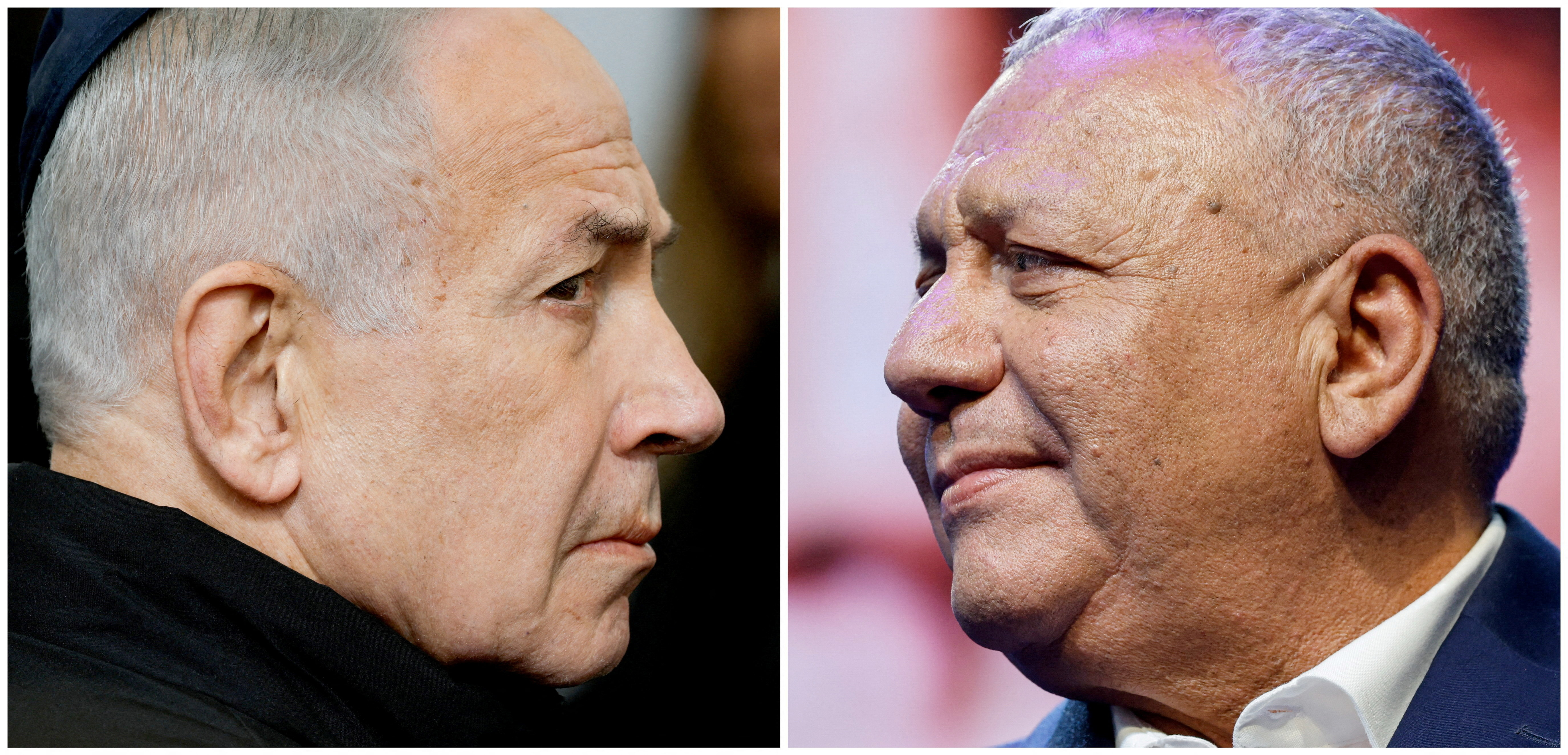 A combination picture shows Israeli Prime Minister Benjamin Netanyahu as he attends a memorial service held for Ran Gvili, an off-duty police officer who was killed fighting militants that had infiltrated Israel during the deadly October 7, 2023, attack by Hamas, and the last hostage recovered from Gaza, in Meitar, Israel, January 28, 2026, and Israeli opposition leader and former military chief, Gadi Eisenkot, as he launches an election campaign for Yashar, his new political party, at an event near Hod Hasharon, Israel, June 30, 2026. REUTERS/Amir Cohen