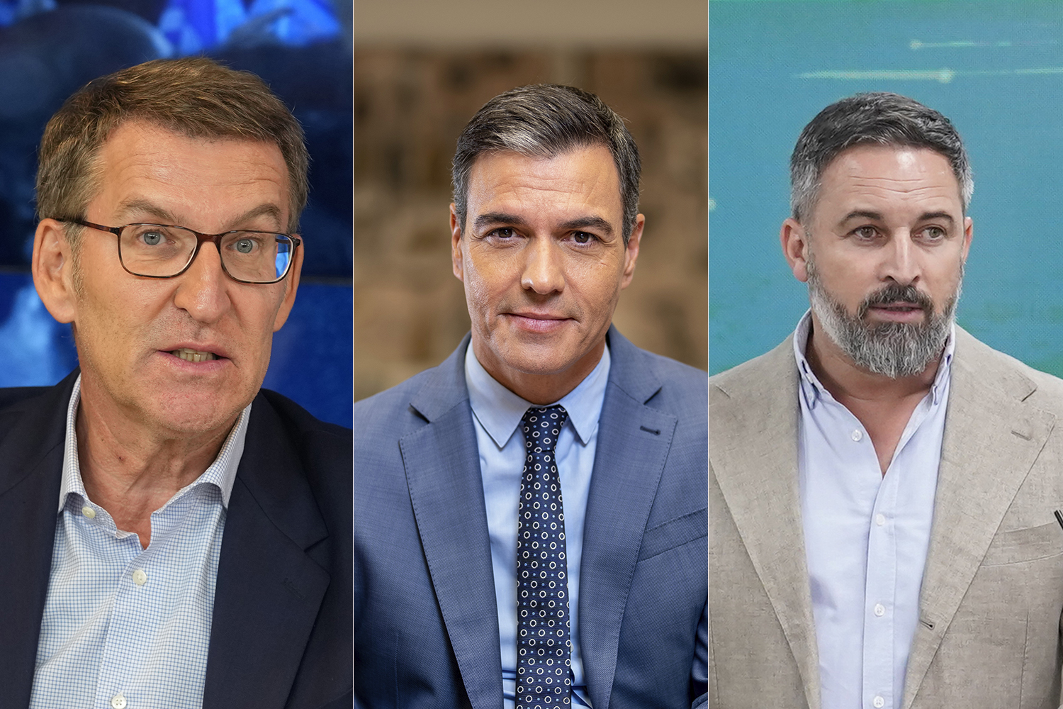 Leader of the opposition and the People's Party, Alberto Nunez Feijoo, Socialist Prime Minister Pedro Sánchez and Santiago Abascal, president of the Vox party